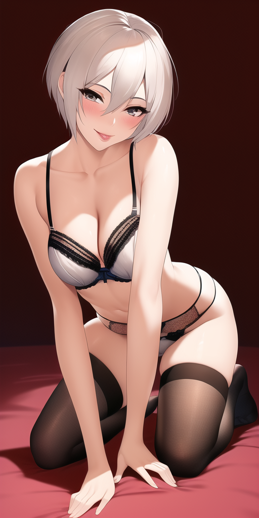 1girls ai_generated anime_lingerie black_socks curvy curvy_female female female_only gray_eyes hands_on_bed huge_breasts long_socks looking_at_viewer nai_diffusion nier nier:_automata on_knees pale-skinned_female red_background red_bed_sheet smile solo solo_female solo_focus stable_diffusion thick_thighs white_hair white_lingerie yorha_2b