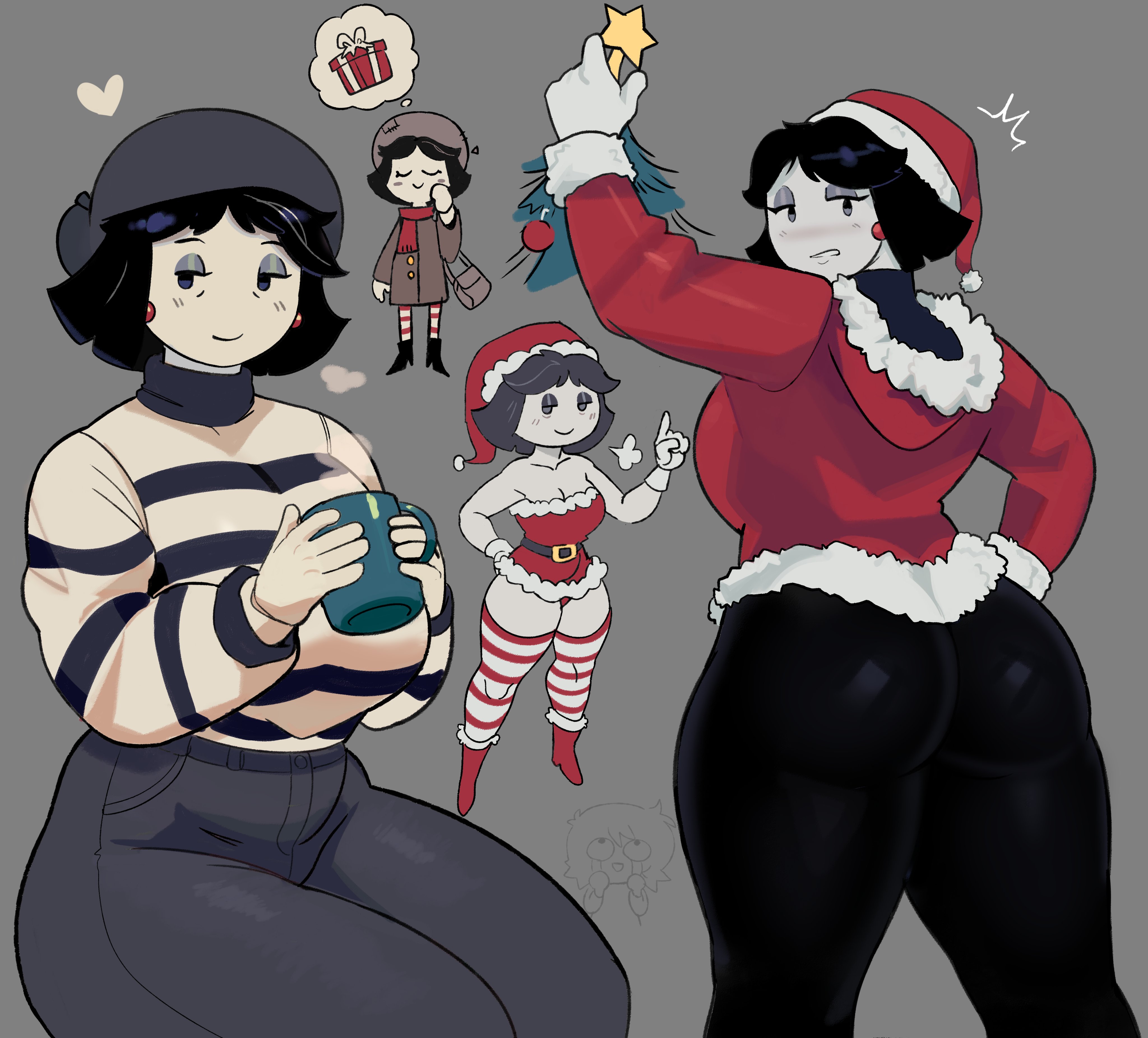 1girls, 2d, ass, big ass, big breasts, black hair, breasts, christmas, christmas outfit, clothed, clothing, female, female focus, female only, grey background, heart, highres, holding object, looking at viewer, looking back, milf, mob face, momino (nuclearmime), mug, multiple images, multiple views, newtype hero, short hair, solo female, solo focus, sweater, tagme, thick thighs, thighs, thought bubble, viewed from behind, white skin