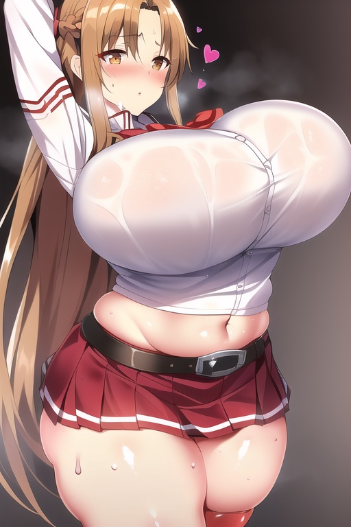 1girls, ai generated, alternate breast size, arms up, ass, belt, belt buckle, big ass, big boobs, big breasts, blush, braided hair, breasts, brown eyes, brown hair, bursting breasts, button down shirt, eyebrows visible through hair, female, female only, heart, huge breasts, large breasts, long hair, looking at viewer, miniskirt, nai diffusion, navel, plump, sharppen5558, simple background, stable diffusion, steam, steaming body, steamy breath, sweatdrop, sword art online, thick, thick thighs, thighhighs, yuuki asuna