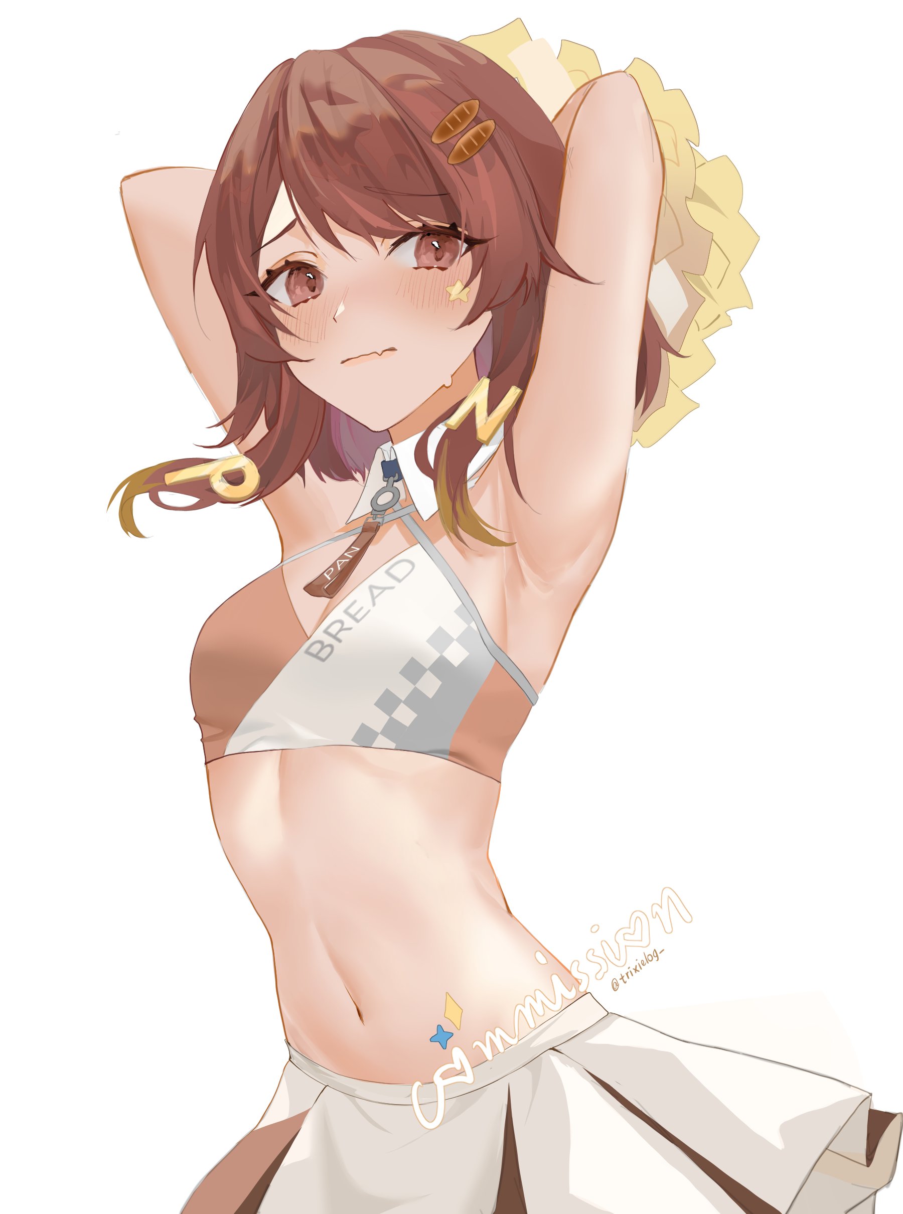 1girls, armpits, arms behind head, arms up, artist request, artist signature, bare midriff, belly button, blush, breasts, brown eyes, brown hair, cheerleader, cheerleader outfit, cheerleader uniform, cleavage, commission, cowboy shot, detached collar, facing viewer, female, hair clips, hairclip, indie virtual youtuber, looking at viewer, medium breasts, midriff, miniskirt, navel, pan the bread, pleated skirt, pom pom (cheerleading), pom poms, simple background, small breasts, solo, solo female, solo focus, trixielog , virtual youtuber, white background