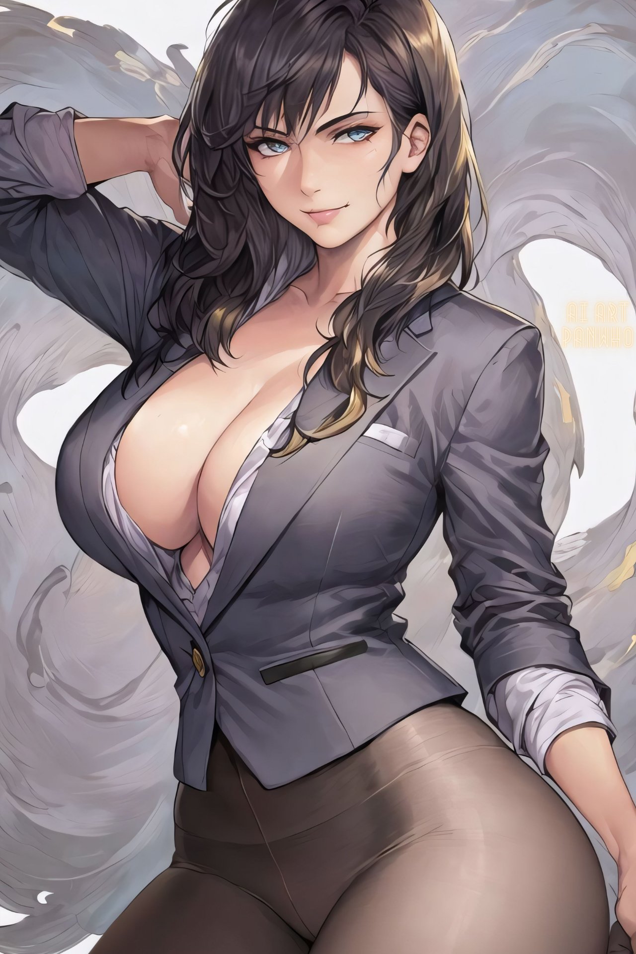 1girls, 2022, ai generated, big breasts, breasts, cleavage, curvy figure, female, female focus, female only, highres, long hair, looking at viewer, office lady, original, seductive look, stable diffusion, tagme, voluptuous female