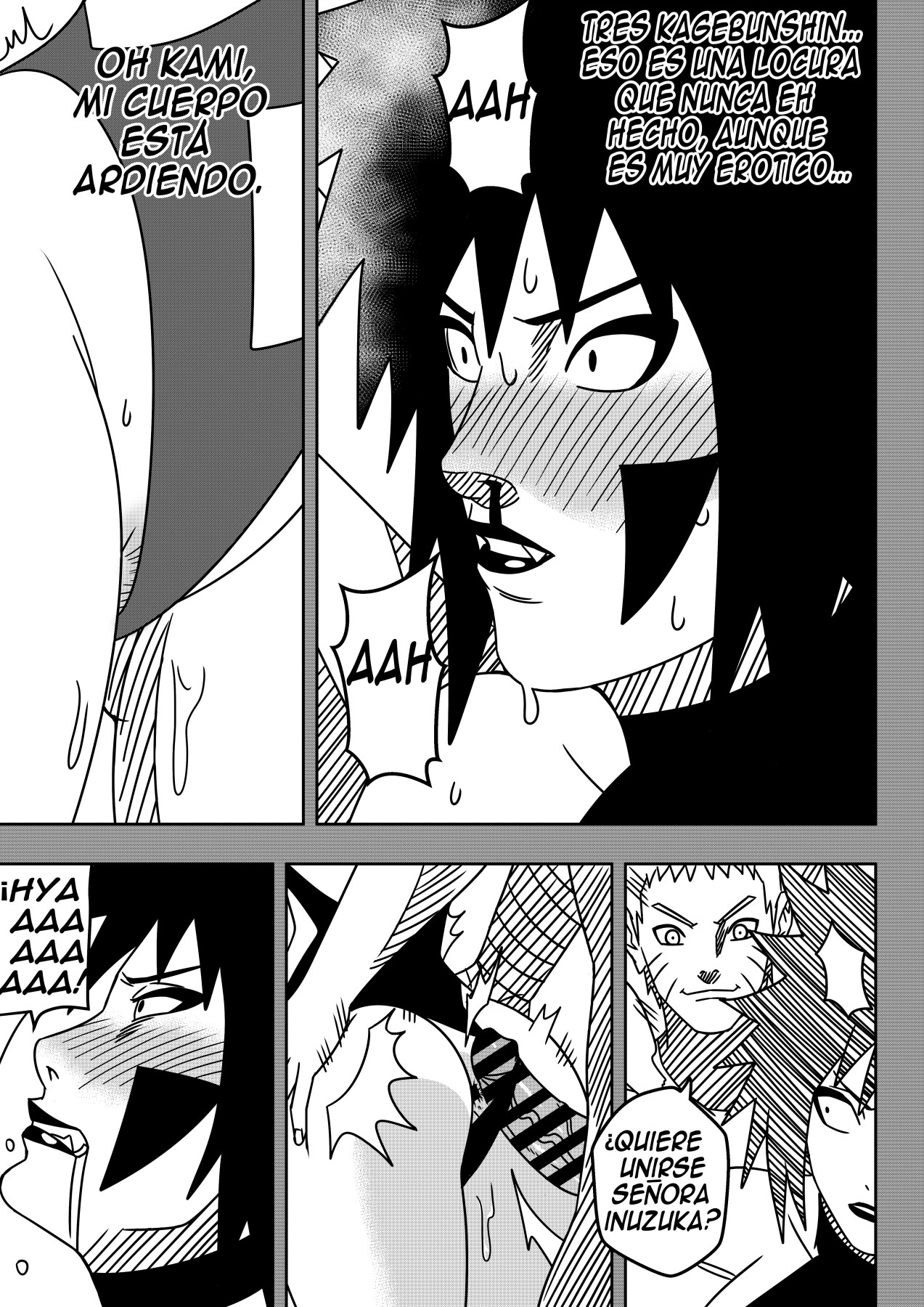 1boy, 1girls, age difference, ass, big ass, blood, blush, caught off guard, clenched teeth, comic, dialogue, drooling, endured face, facepaint, female, grabbing, grabbing from behind, horny, horny female, imminent penetration, imminent sex, inuzuka tsume, legs together, lipstick, long sleeves, makeup, male, mature, mature female, milf, monochrome, naruto, naruto (series), naruto shippuden, naruto: the last, ninrubio, nosebleed, older female, one-piece swimsuit, penis, saliva, short hair, spanish text, story, sweat, sweatdrop, sweating, swimsuit, swimsuit aside, thick thighs, uzumaki naruto, voluptuous, voyeur, voyeurism, younger male
