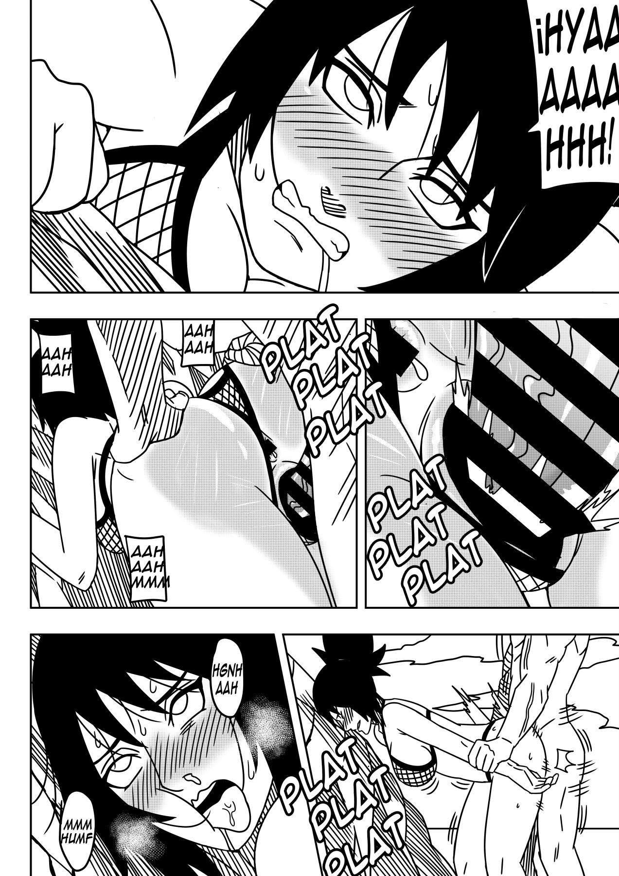 1boy, 1girls, adapted costume, adult, against natural surface, against rock, against surface, against wall, ahe gao, arm grab, arm held back, ass, ass grab, big ass, big breasts, bikini, blush, breasts, clenched teeth, comic, dialogue, endured face, eyes rolling back, female, female penetrated, looking pleasured, male, male penetrating, male penetrating female, male/female, mitarashi anko, moaning, monochrome, naruto, naruto (series), naruto shippuden, naruto: the last, ninrubio, older female, penetration, penis, pleasure face, pussy, revealing swimsuit, sex, skimpy, skimpy bikini, spanish text, standing, standing sex, story, straight, swimsuit, taken from behind, teenager, uzumaki naruto, vagina, vaginal penetration, vaginal sex, younger male
