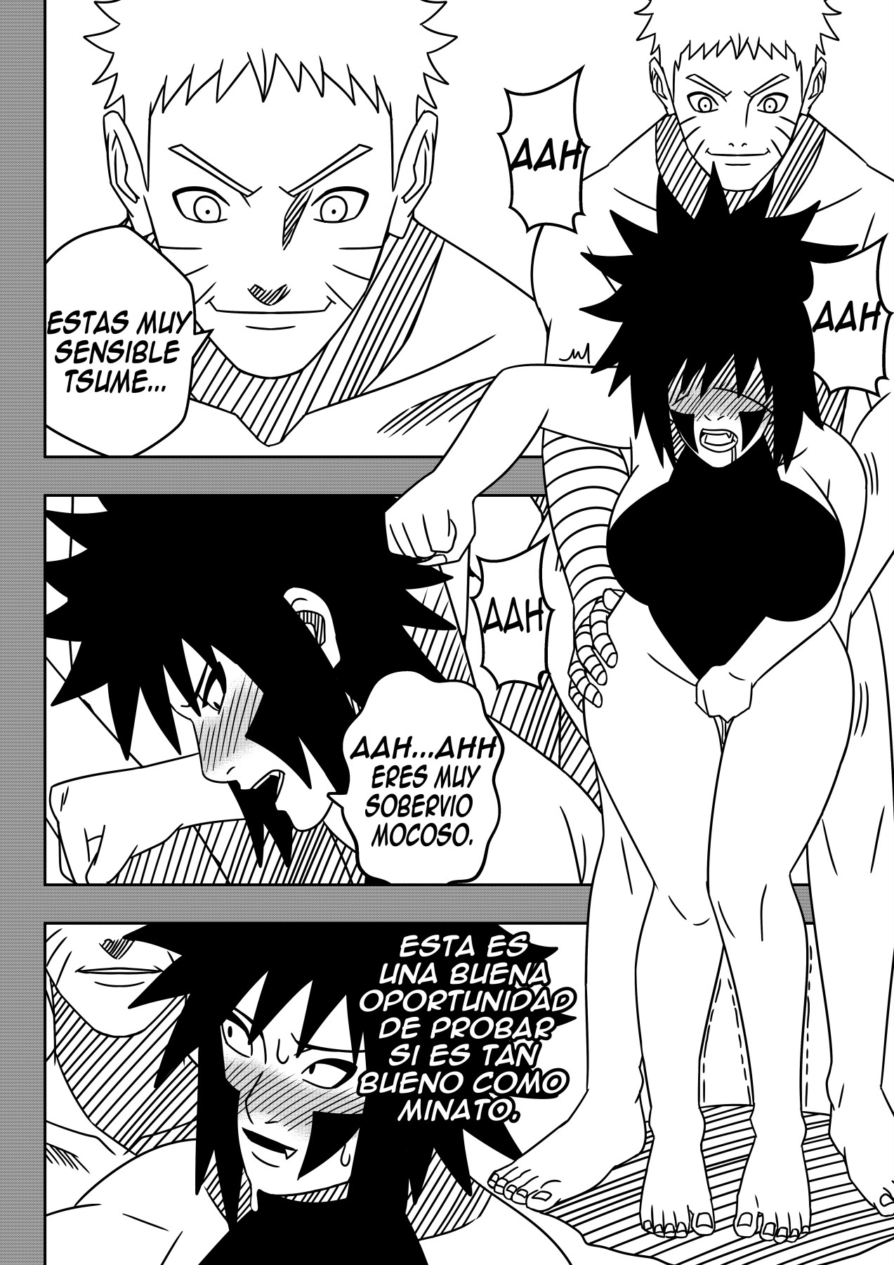 1boy, 1girls, 1milf, adult, age difference, barefoot, big breasts, black and white, blush, breasts, comic, dialogue, facepaint, female, fingering, fingering partner, fingering pussy, grabbing, grabbing from behind, inuzuka tsume, lipstick, makeup, male, male/female, mature, mature female, milf, moaning, mother and son's friend, naruto, naruto (series), naruto shippuden, naruto: the last, ninrubio, older female, older female and younger male, one-piece swimsuit, pussy, sex, spanish text, standing, standing sex, story, straight, swimsuit, teenager, uzumaki naruto, voluptuous, younger male