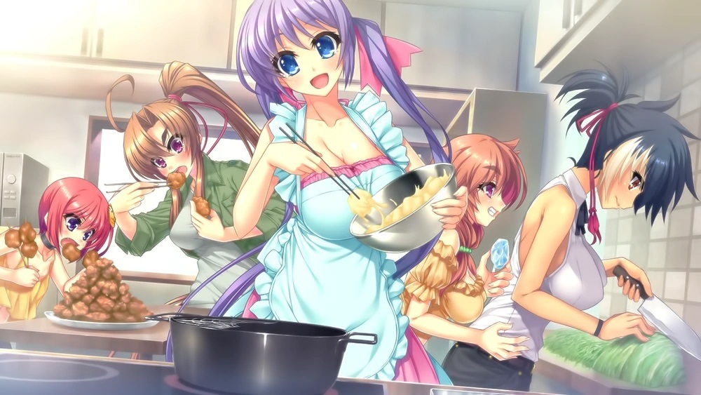 5girls bachou_mouki_(koihime) batai black_hair blue_eyes brown_hair chinese_girl chinese_girls chouhi_yokutoku female game_cg gien_bunchou koihime†_(series) koihime_musou long_hair official_art purple_hair red_hair riri_(koihime) sengoku_koihime_x sengoku_koihime_~otome_kenran_sengoku_emaki~ short_hair tomboy