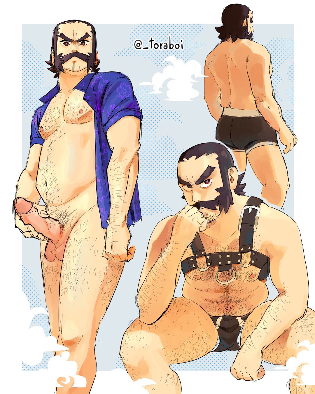 1boy ass balls ballsack bara beefy black_hair body_hair boner bottomless brown_eyes bulge erection facial_hair hairy hairy_male harness human kamado_(pokemon) leather_harness male male_nipples male_only male_pubic_hair manly masturbation mature_male muscles muscular_male mustache mutton_chops nintendo npc_trainer open_shirt pecs penis pokemon pokemon_legends:_arceus scrotum sideburns solo testicles topless toraboi unbuttoned_shirt underwear underwear_only veiny_penis