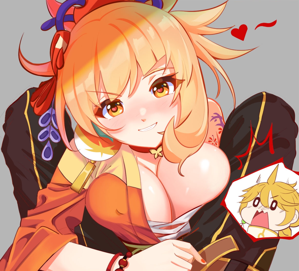 1boy, 1girls, aether (genshin impact), big breasts, blonde hair, blush, breasts, busty, cleavage, female, genshin impact, kimono, looking at viewer, male, smile, straight, yoimiya (genshin impact)