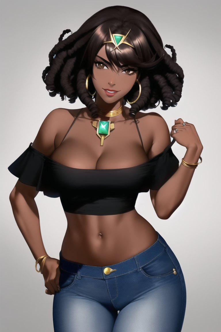 1girls ai_generated alternate_skin_color black_hair black_skin blackened_pyra blackwashed bracelet choker cleavage crop_top curly_hair dark-skinned_female dark_skin dreadlocks hand_on_hip hoop_earrings jeans nai_diffusion off_shoulder pyra race_swap robofun stable_diffusion xenoblade_(series) xenoblade_chronicles_2