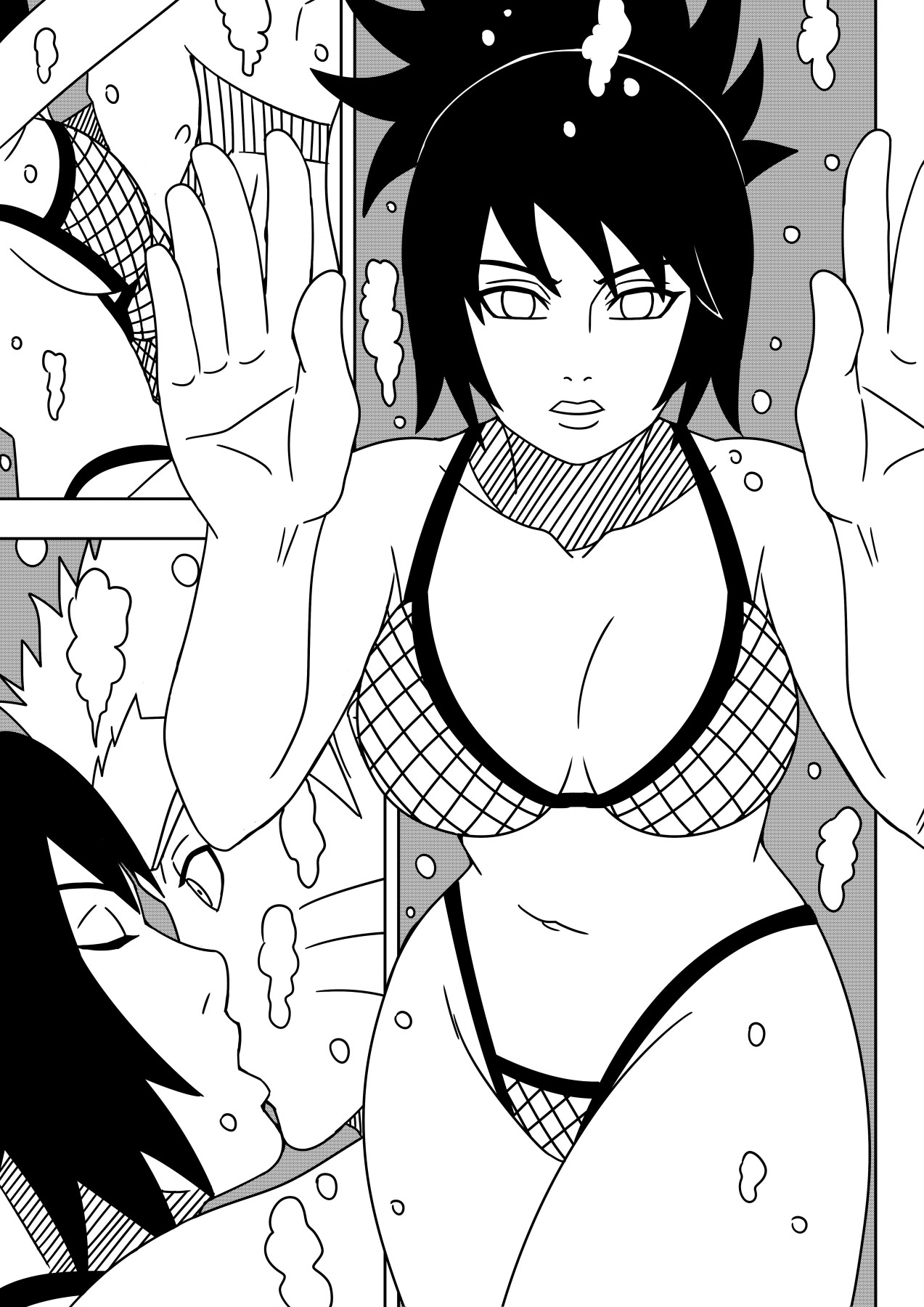 1boy, 1girls, adapted costume, adult, age difference, assertive, assertive female, bikini, breasts, busty, cleavage, comic, dialogue, female, in water, kissing, male, male/female, mitarashi anko, monochrome, naruto, naruto (series), naruto shippuden, naruto: the last, ninrubio, older female, ponytail, short hair, spanish text, story, submerged, surprised, swimsuit, teenager, thighs, tied hair, underwater, underwater view, uzumaki naruto, voluptuous, younger male