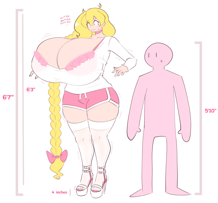 1boy, 1girls, big breasts, booty shorts, breasts, cassie (theycallhimcake), cleavage, female, female focus, gigantic breasts, heels, huge breasts, larger female, male, massive breasts, nervous, platform heels, shorts, size difference, smaller male, theycallhimcake, thick thighs