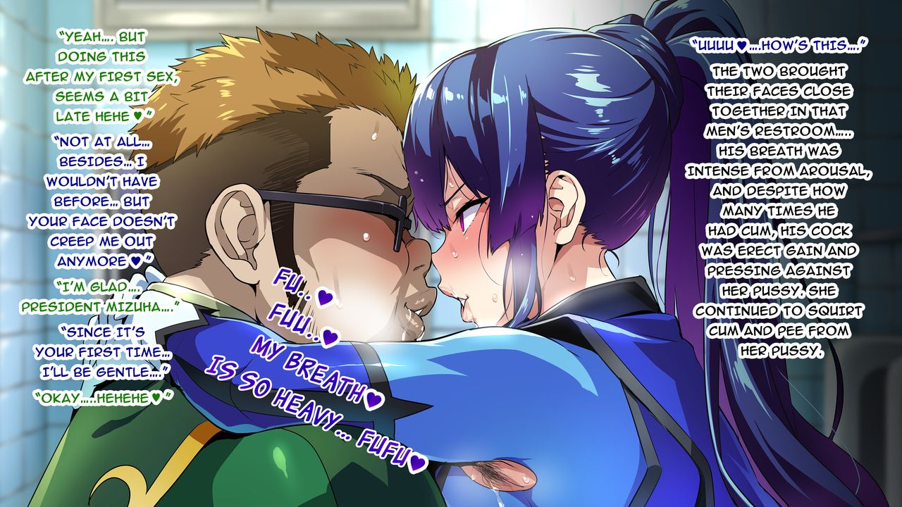 1boy 1girls alternate_eye_color aomiya_mizuha_(juukon_sentai_juusoldier) armpit_cutout armpit_hair blue_bodysuit blue_hair blush brainwashing brown_hair english_text fat_man glasses green_bodysuit hug imminent_kiss juukon_sentai_juusoldier_(takeda_hiromitsu) long_hair looking_at_partner oomori_yasuharu_(juukon_sentai_juusoldier) pink_eyes ponytail sweat takeda_hiromitsu talking ugly_man