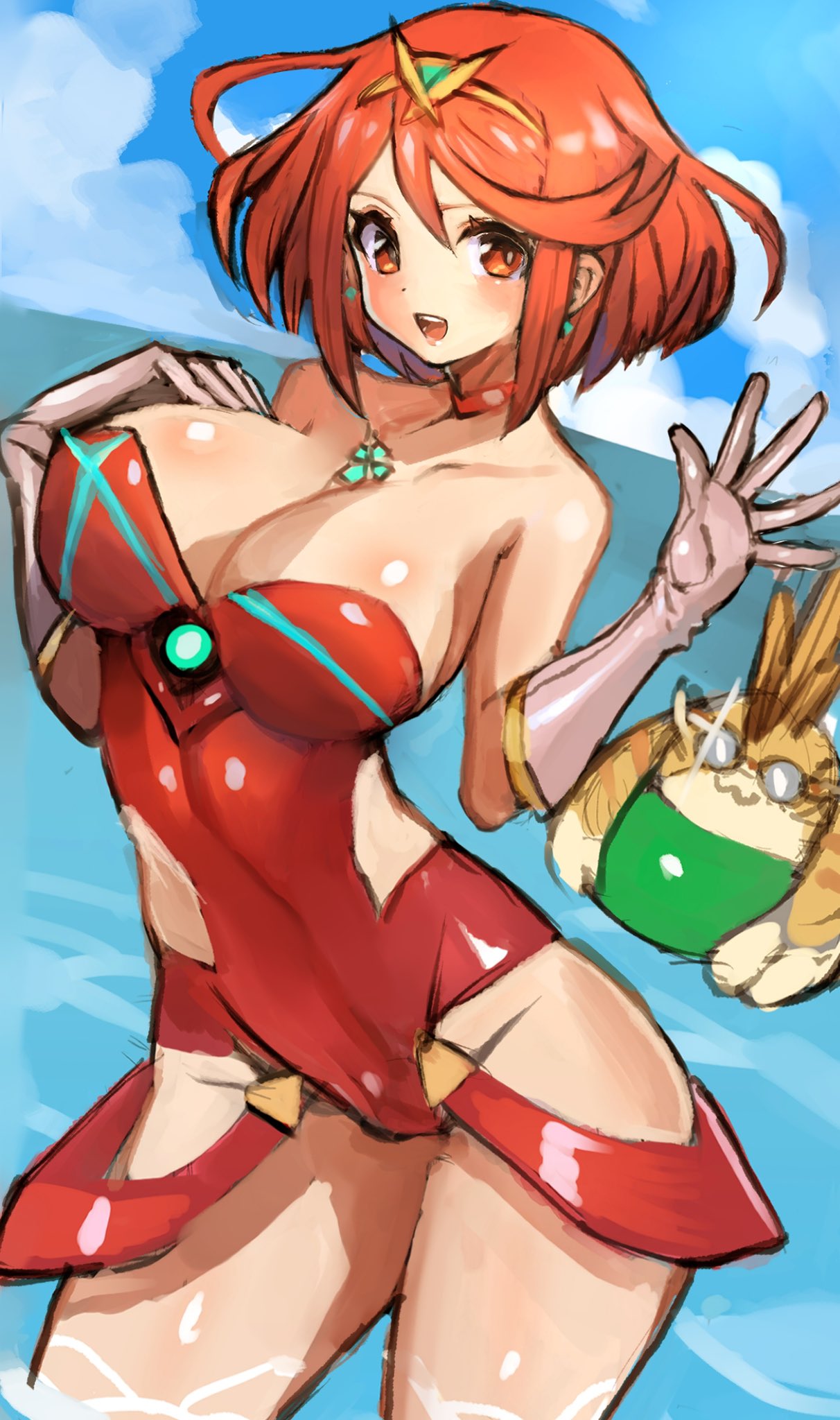 binelu01 breasts core_crystal dakusuta female latex nintendo open_mouth outdoors outside pyra shiny_clothes tagme tora_(xenoblade) xenoblade_(series) xenoblade_chronicles_2