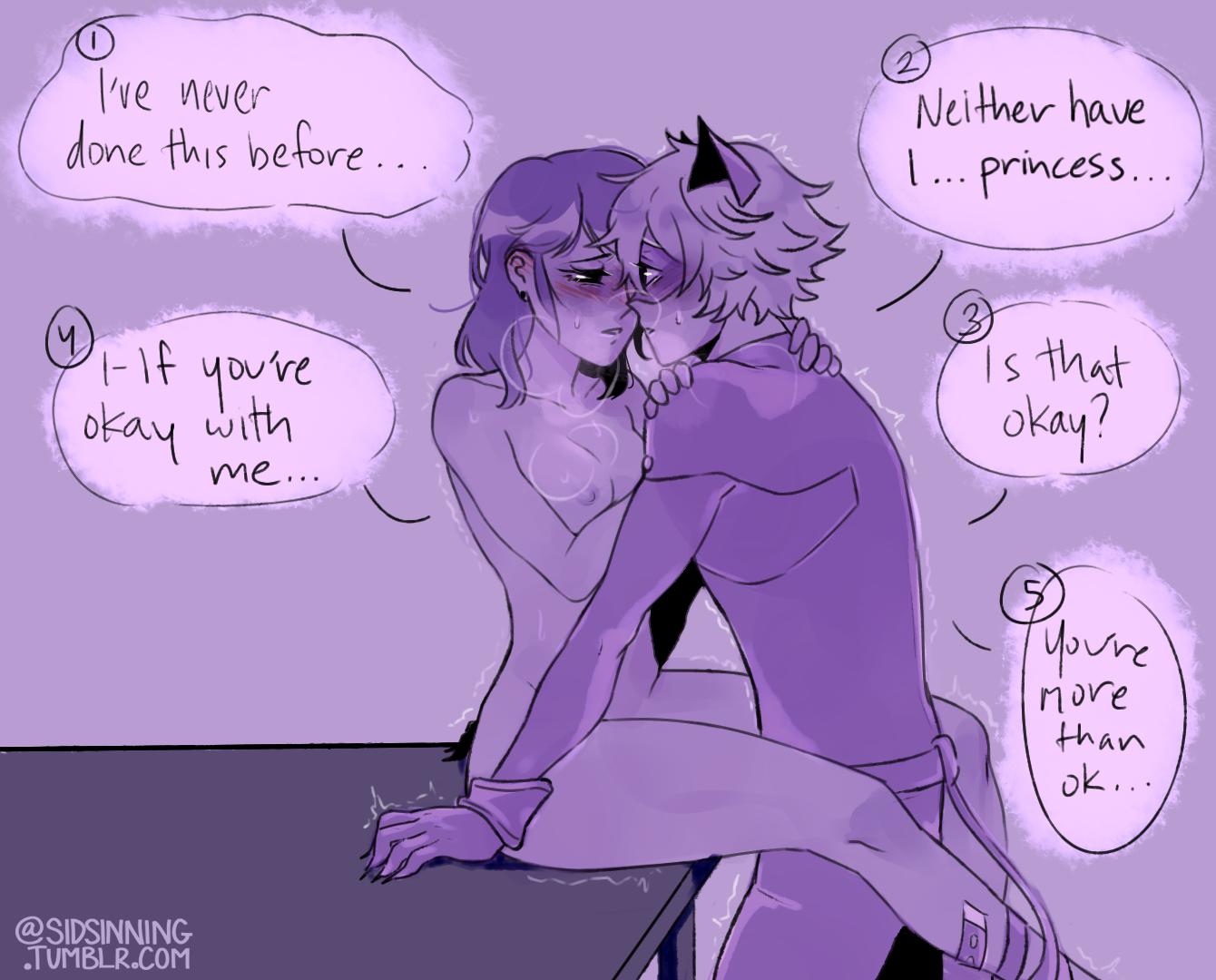 1boy, 1girls, adrien agreste, blush, breath, cat noir, chat noir, clothed, clothed male, clothed male nude female, dark hair, dialogue, english text, explicitly stated consent, female, first time, hair, imminent sex, light hair, male, marinette cheng, marinette dupain-cheng, miraculous ladybug, nude, nude female, nude female clothed male, sidsinning, tagme, text, trembling, virgin, worried