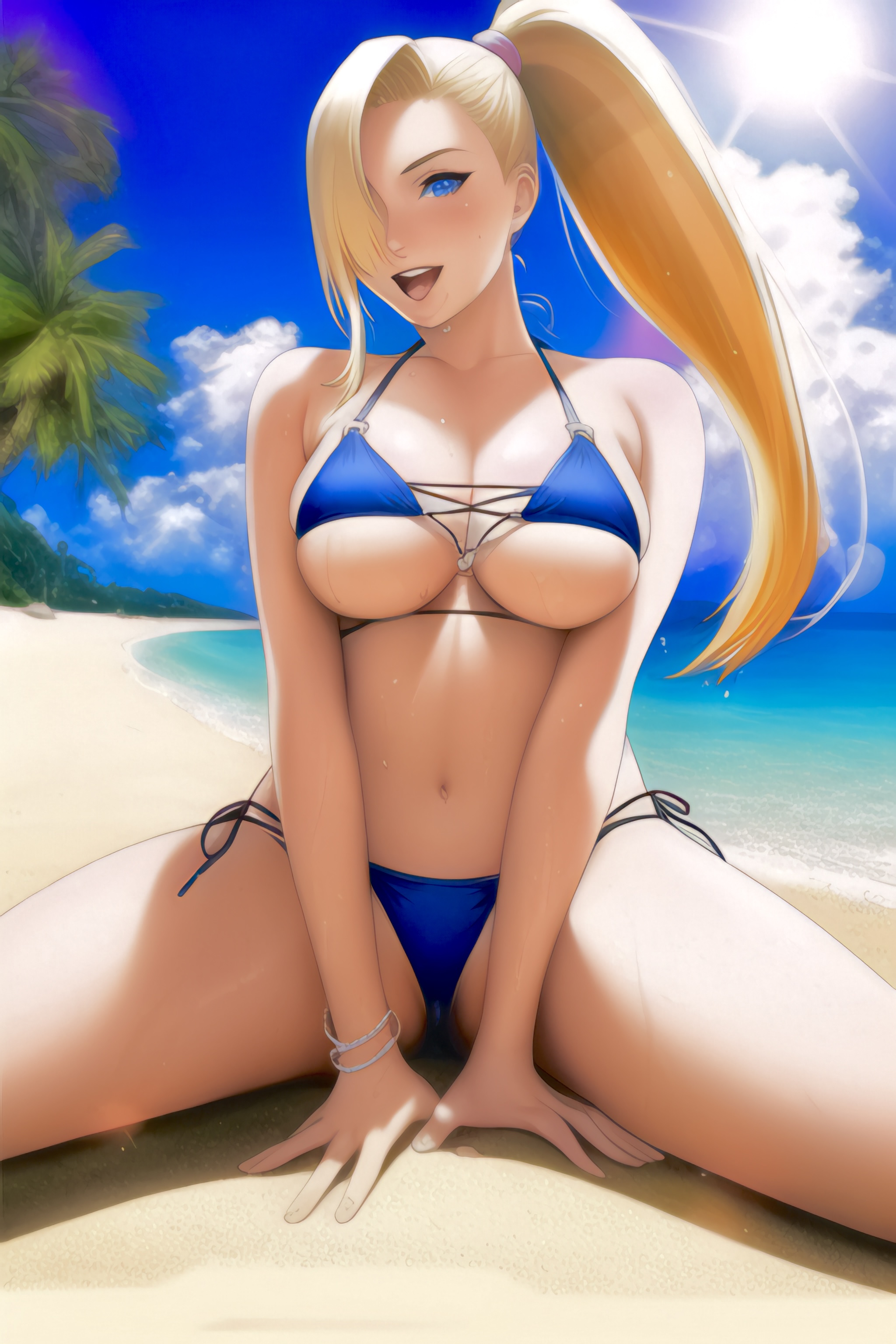 1girls, ai generated, beach, bikini, blonde hair, breasts, cleavage, female, female only, hair over one eye, ino yamanaka, long hair, looking at viewer, nai diffusion, naruto, naruto (series), naruto shippuden, outdoors, smile, solo, solo focus, stable diffusion, swimsuit, tied hair, voluptuous
