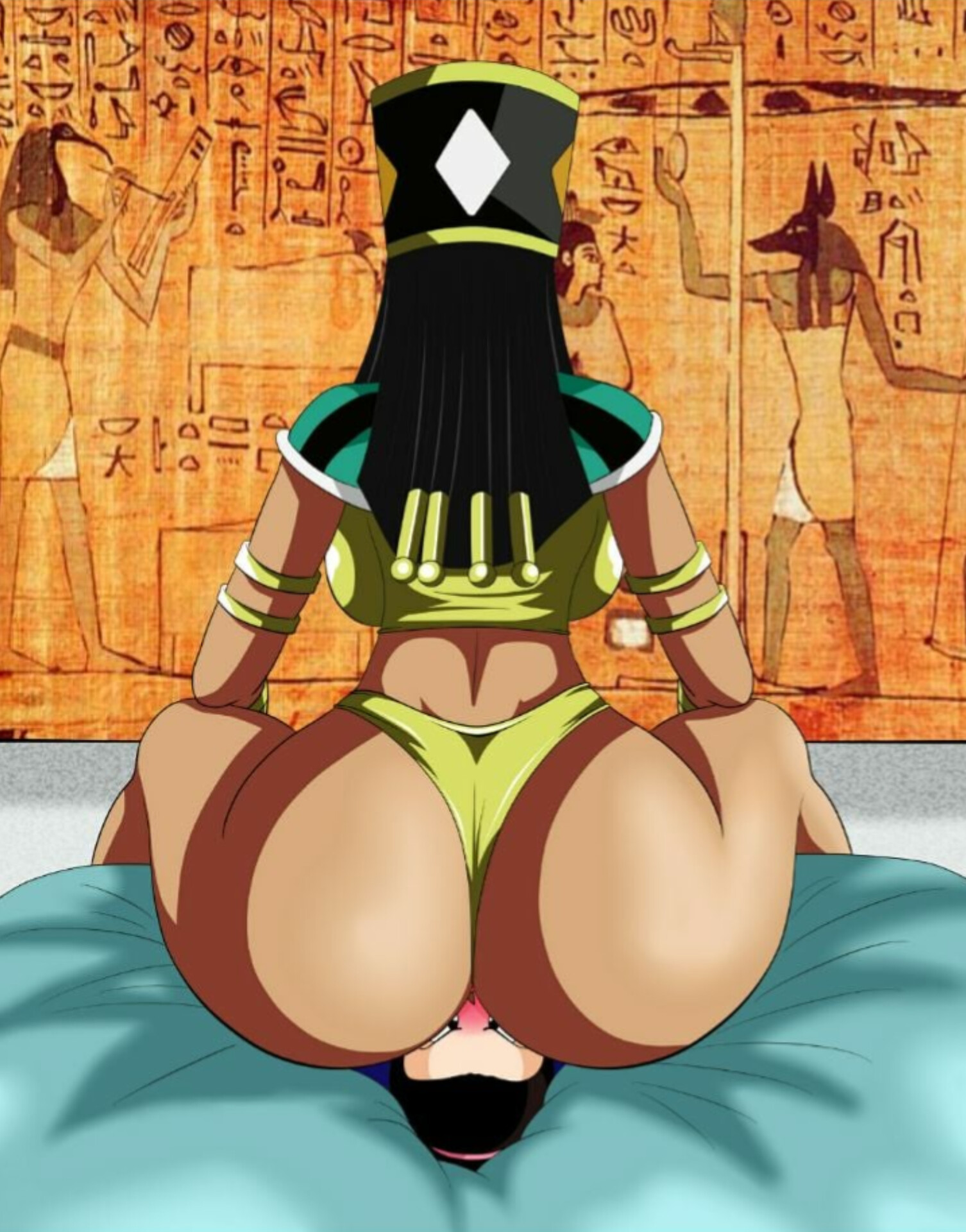 2girls, ass, backboob, big ass, black hair, blush, breasts, chichi, dark hair, dark skin, dark-skinned female, dicasty, dragon ball, dragon ball super, egyptian, facesitting, female, goddess, hair on head, helles, multiple females, multiple girls, thong, yuri