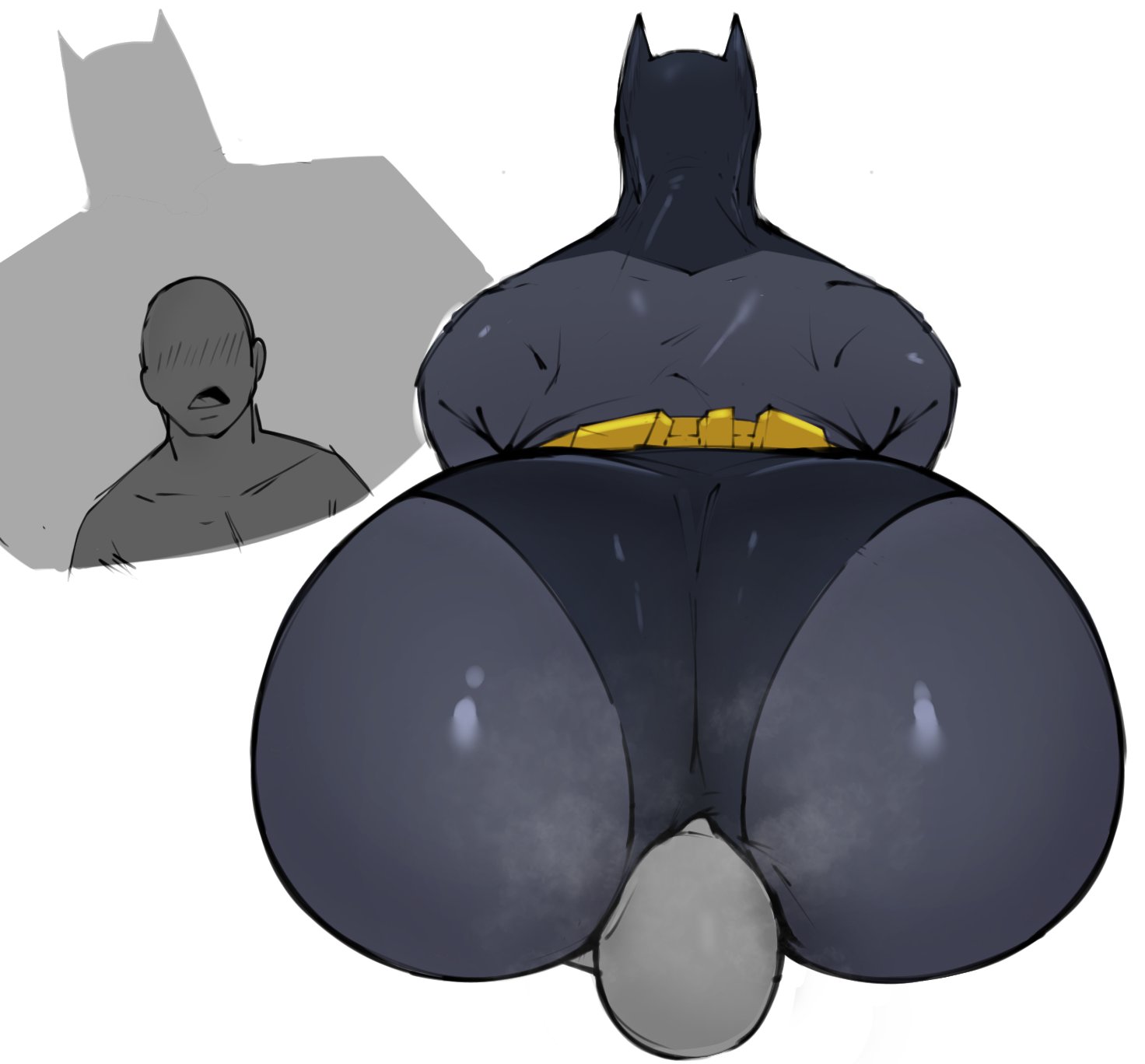 2boys, anon, ass, back view, batman, batman (bruce wayne), batman (series), big ass, big butt, blush, bruce wayne, clothed, clothing, dc, dc comics, facesitting, femboy, femboy dilf, gay, looking at another, looking up, male, male only, male/male, muscular, paldraws, thick thighs, yaoi