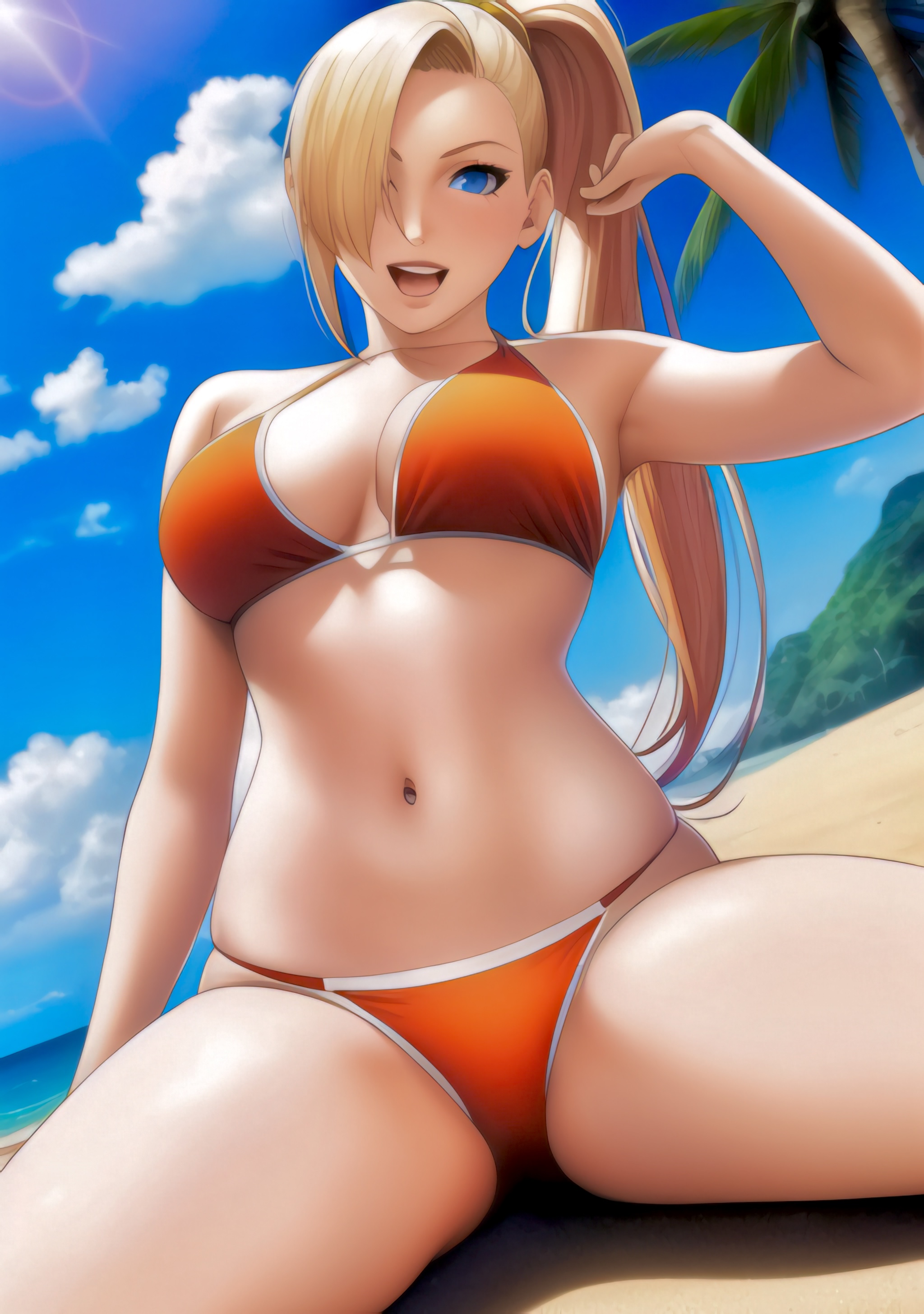 1girls, ai generated, beach, bikini, blonde hair, breasts, cleavage, female, female only, hair over one eye, ino yamanaka, long hair, looking at viewer, nai diffusion, naruto, naruto (series), naruto shippuden, outdoors, smile, solo, solo focus, stable diffusion, swimsuit, tied hair, voluptuous