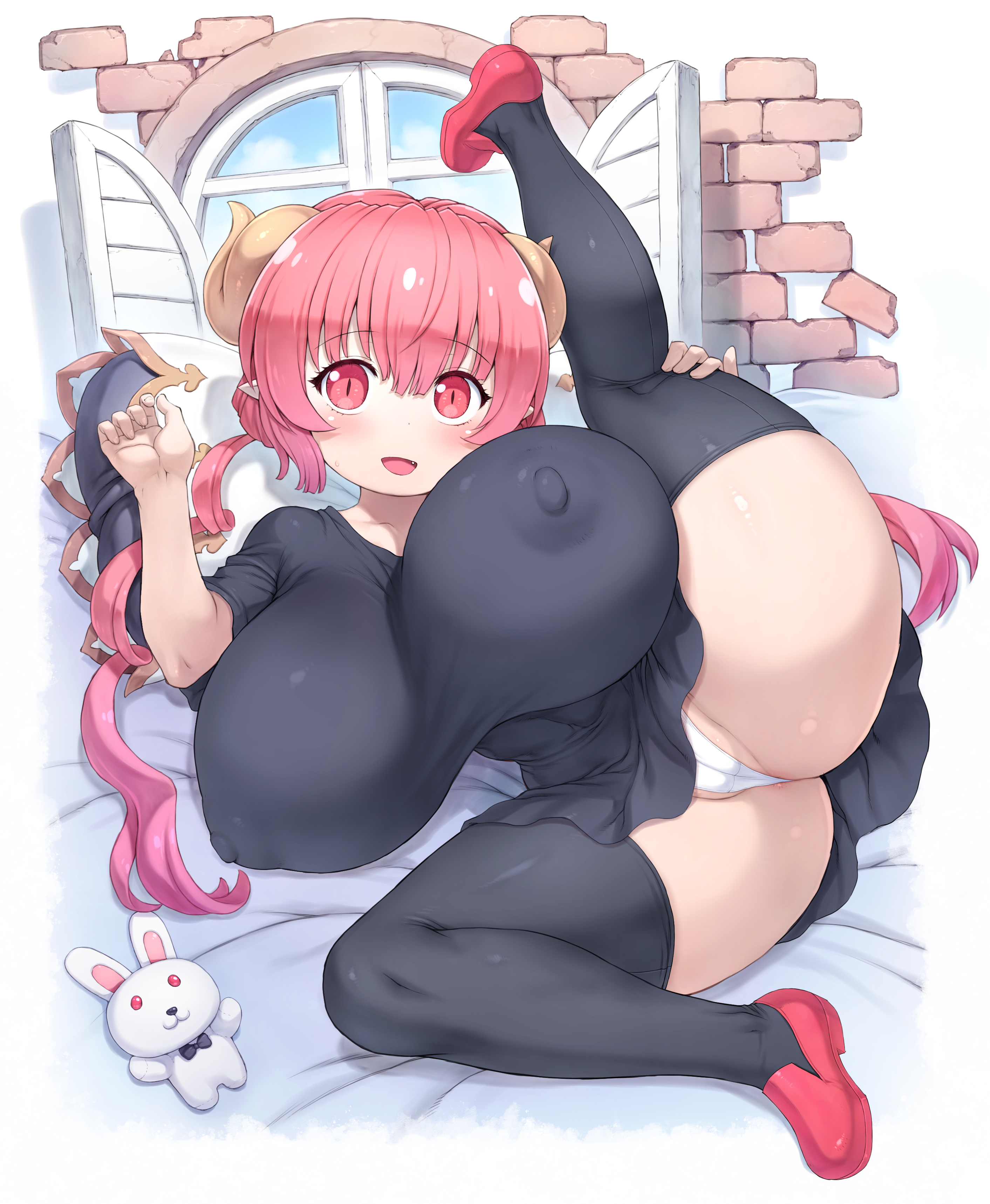 1girls, absurd res, big breasts, blush, breasts, cameltoe, eye contact, female, high resolution, horns, huge breasts, ilulu (dragon maid), legwear, light skin, light-skinned female, looking at viewer, miss kobayashi's dragon maid, mogudan, nipple bulge, panties, pussy, red eyes, red hair, shortstack, smaller female, solo, thick thighs, thighhighs, thighs, twintails, white panties