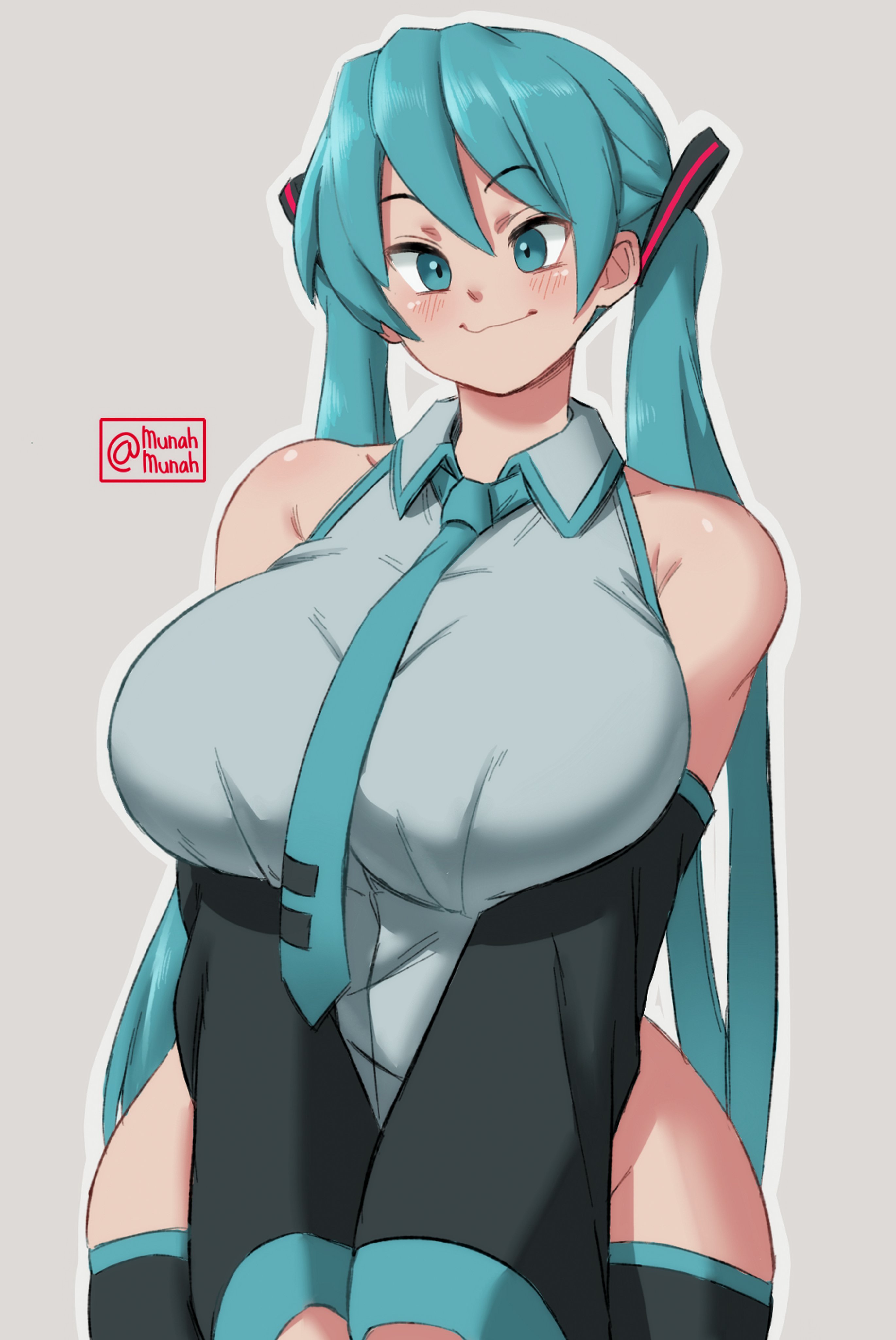 1girl, 1girls, alternate breast size, aqua eyes, aqua hair, aqua necktie, armwear, bare shoulders, big breasts, blush, breasts, detached sleeves, female, female only, fully clothed, hatsune miku, huge breasts, legwear, long hair, mai munah, necktie, shirt, simple background, smile, solo, standing, thighhighs, thighs, twintails, very long hair, vocaloid, white background, wide hips