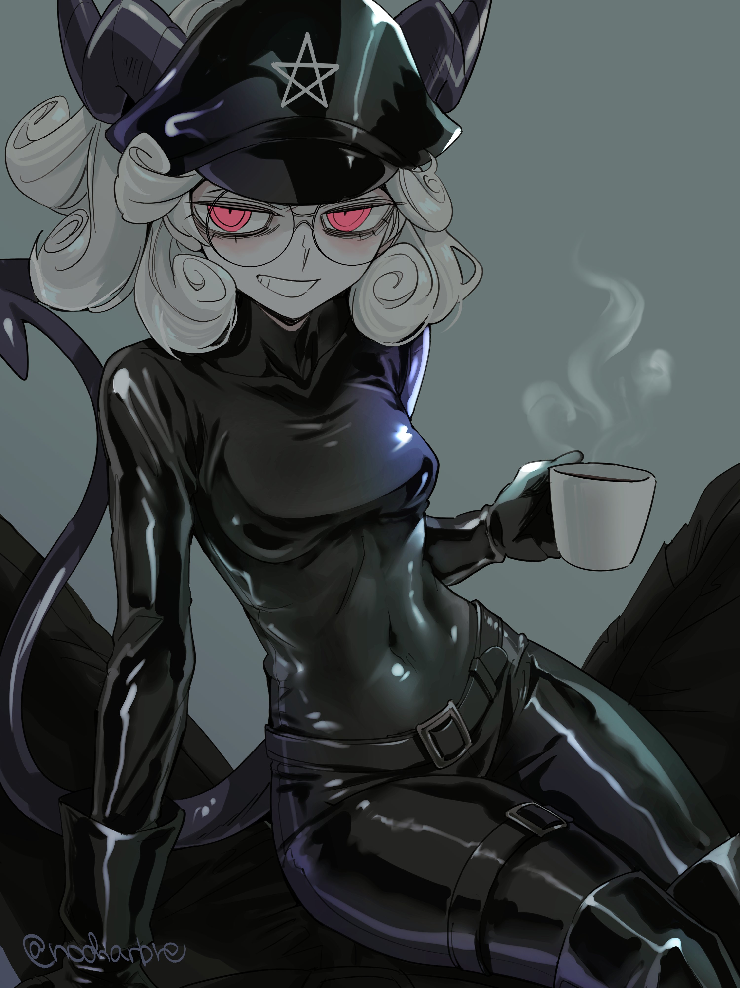 1girls, belly button visible through clothing, bondage outfit, breasts, demon, demon girl, demon horns, demon tail, dominatrix, female, glasses, helltaker, leather, leather bodysuit, leather boots, leather clothing, leather gloves, midriff, navel visible through clothes, noaharbre, pandemonica (helltaker), red eyes, solo, thigh boots, thighs, tight clothing, white hair