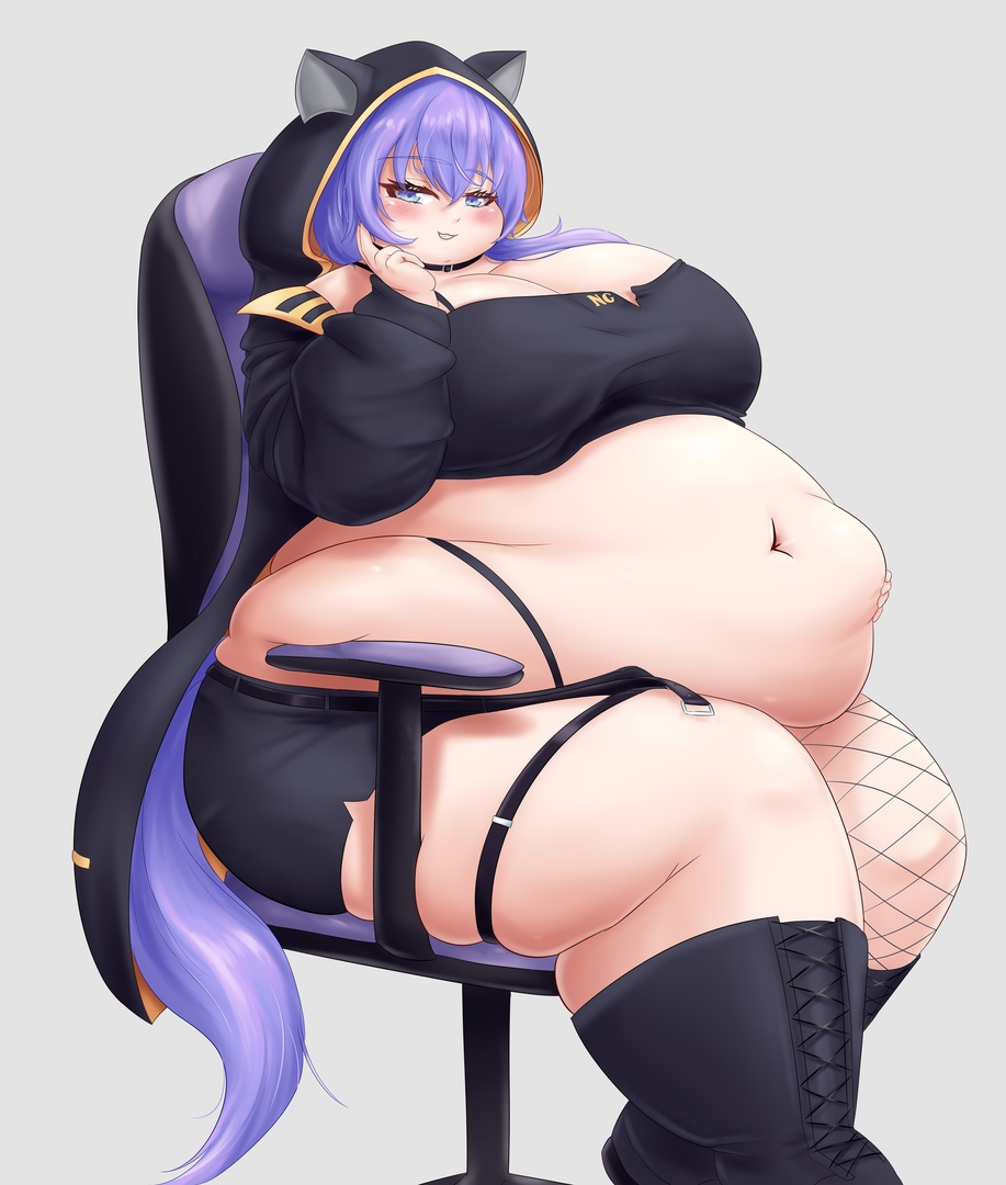 1girls 2022 bbw belly_grab big_belly big_boobs blushing chair fat fat_belly fat_female fat_girl fat_woman fatty gaming_chair hand_on_belly morbidly_obese obese overweight solo thebreadguardian weight_gain