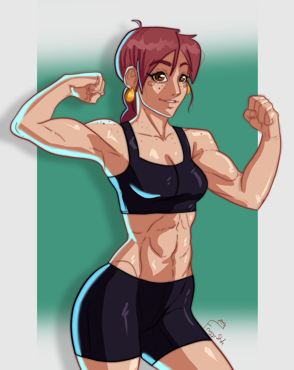 1girls 2022 aubrey_(sea_legs) braided_ponytail brown_eyes earrings female female_only flexing flexing_bicep freckles froggystyle long_hair looking_at_viewer muscular muscular_female petite ponytail pose red_hair sea_legs smiling smiling_at_viewer solo sportswear