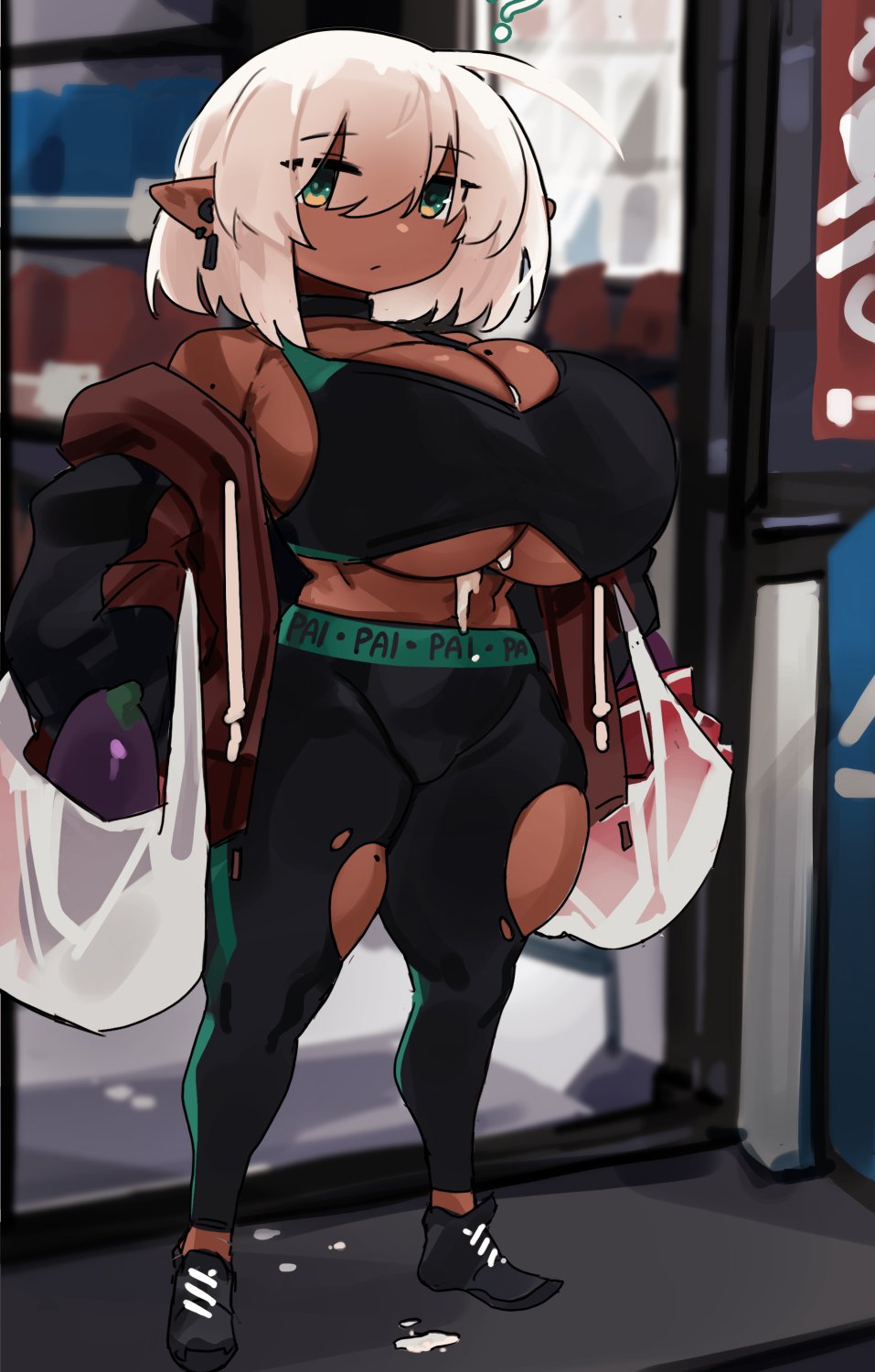 1girls ? ambiguous_fluids beauty_mark breasts brown_skin carrying_object cum cum_between_breasts cum_on_breasts dark-skinned_female dark_elf dark_skin elf elf_ears elf_female female green_eyes groceries grocery_bag grocery_store hi_res huge_breasts kuu_(zanamaoria) massive_breasts mole_on_breast mole_on_thigh original pointy_ears ripped_clothing short_hair shortstack skindentation sports_bra sportswear thick_thighs thighs thunder_thighs unamused white_hair yoga_pants zanamaoria