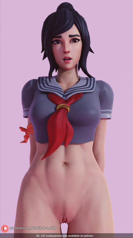 1girls 3d arms_behind_back asian bare_midriff black_hair bottomless brown_hair darkbahamuth english_text female female_only fit_female fortnite light-skinned_female light_skin lowres navel partially_clothed patreon_logo patreon_url pink_background pubic_hair pussy sailor_uniform school_uniform schoolgirl simple_background solo standing topwear tsuki_(fortnite)