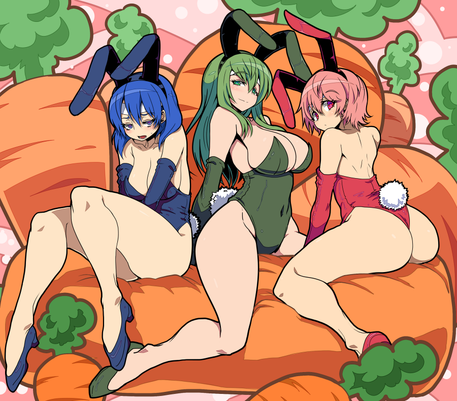 2017 3girls alternate_costume ass big_breasts blue_eyes blue_hair blush breasts bunny_ears bunny_girl bunnysuit carrot catria_(fire_emblem) cleavage est_(fire_emblem) female female_only fire_emblem fire_emblem:_mystery_of_the_emblem fire_emblem:_shadow_dragon_and_the_blade_of_light green_eyes green_hair heels kara_age large_breasts long_hair looking_at_viewer medium_breasts nintendo palla_(fire_emblem) pink_eyes pink_hair short_hair siblings sisters small_breasts thighs