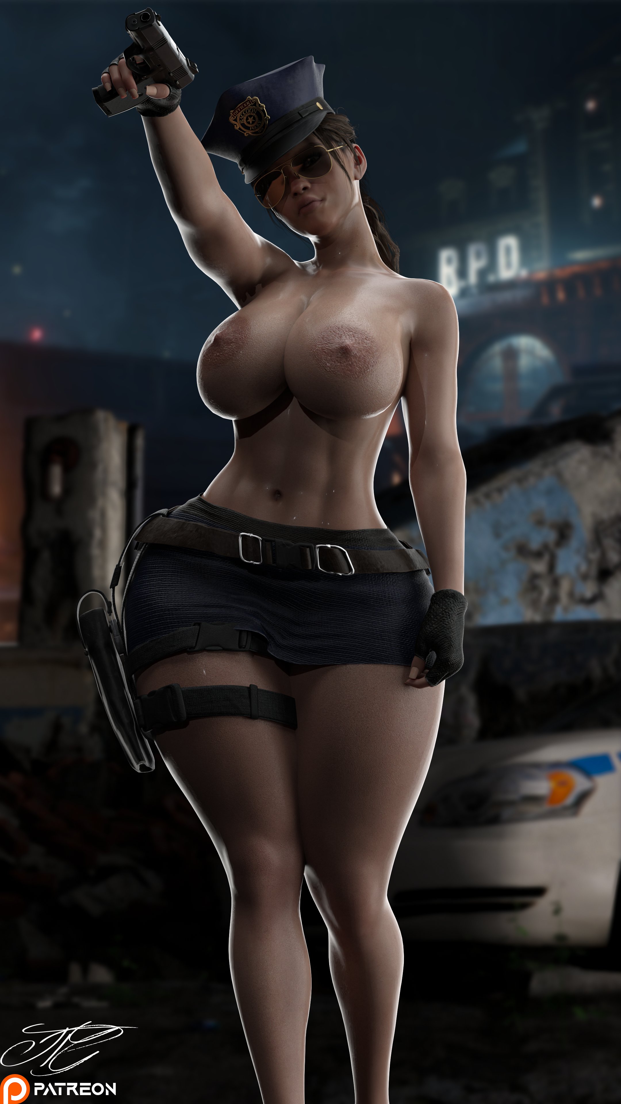 3d, areolae, aviator sunglasses, belt, big breasts, blue eyes, bracelet, breasts, brown hair, busty, capcom, claire redfield, female, female focus, female only, holster, hourglass figure, joshuaproart, long hair, mostly nude, navel, necklace, nipples, nudity, police, police hat, policewoman, ponytail, pose, posing, resident evil, resident evil 2, resident evil 2 remake, shiny skin, skirt, solo, standing, sunglasses, tactical nudity, tagme, thick thighs, thigh holster, tied hair, tinted eyewear, wide hips