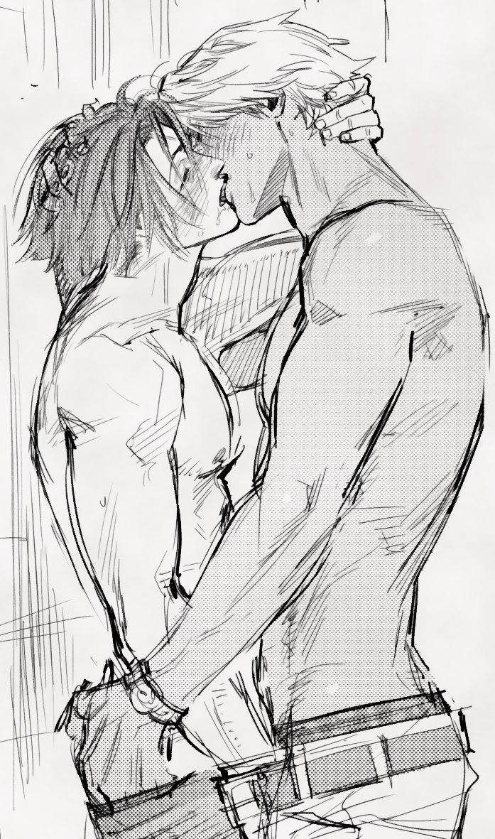 1000kcal 2boys blush closed_eyes french_kiss hand_in_another's_bottomwear hand_in_pants hand_on_another's_head hand_on_ass height_difference himuro_ryo kaneda_suekichi kengan_(series) kengan_ashura kissing male male_only messy_hair monochrome profile sketch sweat toned toned_male topless topless_male wristwatch yaoi