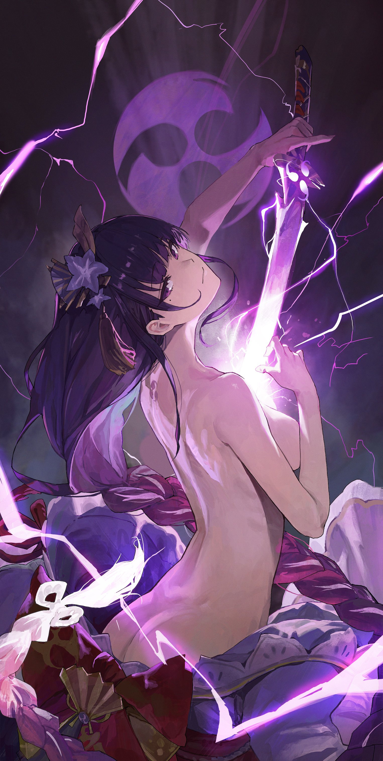 1girls, ass, bare shoulders, black background, breasts, clothes removed, electricity, electro symbol (genshin impact), emotionless female, female, flower hair ornament, genshin impact, long braid, looking at viewer, mole under eye, niai serie, nude, purple eyes, purple hair, raiden shogun, sideboob, sword, tagme, toned, toned back, toned female