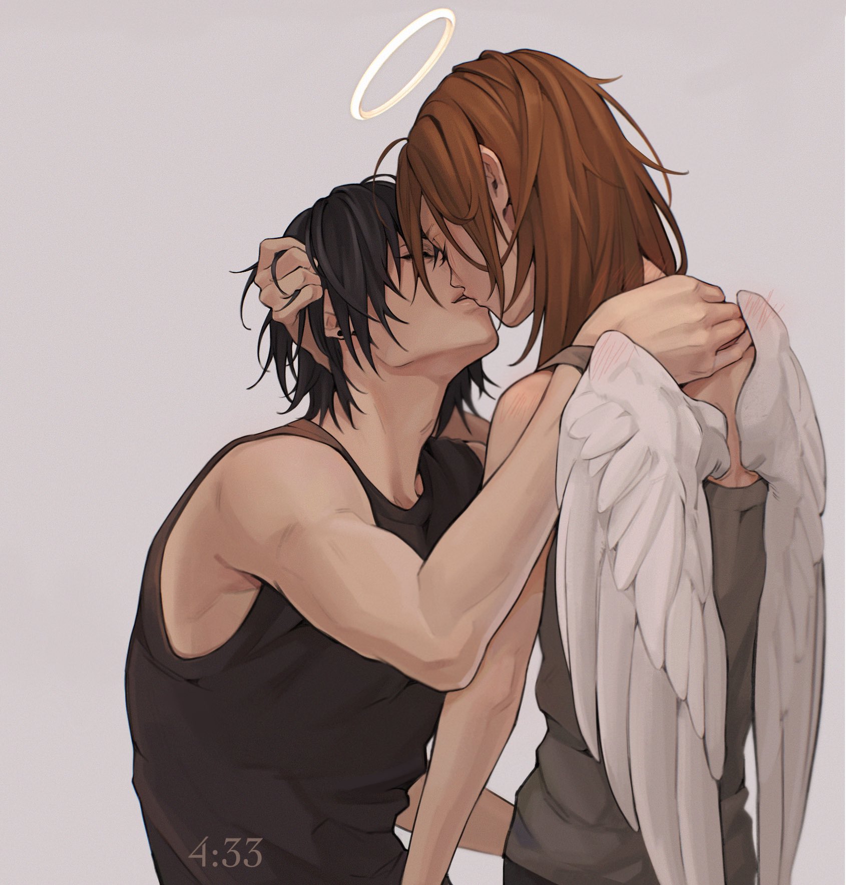 2boys, angel devil (chainsaw man), chainsaw man, femboy, femboy on male, gay, godschildaran, hand in hair, hand on head, hayakawa aki, imminent sex, kissing, long hair, male, male on femboy, mappa, muscular, muscular male, undressing, wings, yaoi