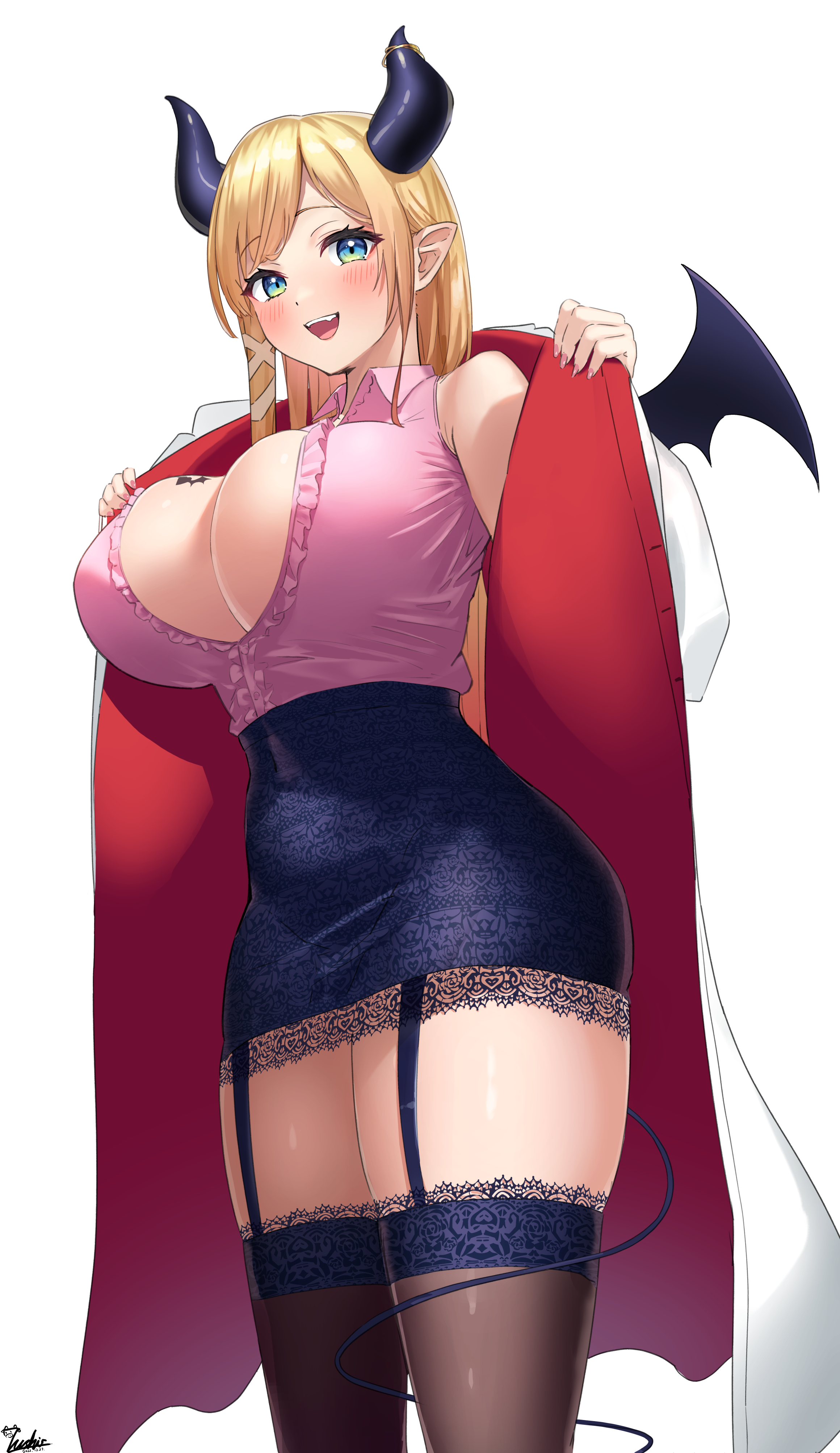 1girls, bare shoulders, big breasts, blonde hair, blue eyes, blush, boob window, breast tattoo, breasts, busty, cleavage, clothed, clothed female, clothing, demon, demon girl, demon horns, demon tail, demon wings, female, female only, garter straps, hololive, hololive gen 2, hololive japan, horns, large breasts, light skin, light-skinned female, open clothes, open jacket, skirt, smile, solo, solo female, succubus, tattoo, thick thighs, thighhighs, udon nanashi (7uship), virtual youtuber, voluptuous, voluptuous female, white background, wing, yuzuki choco