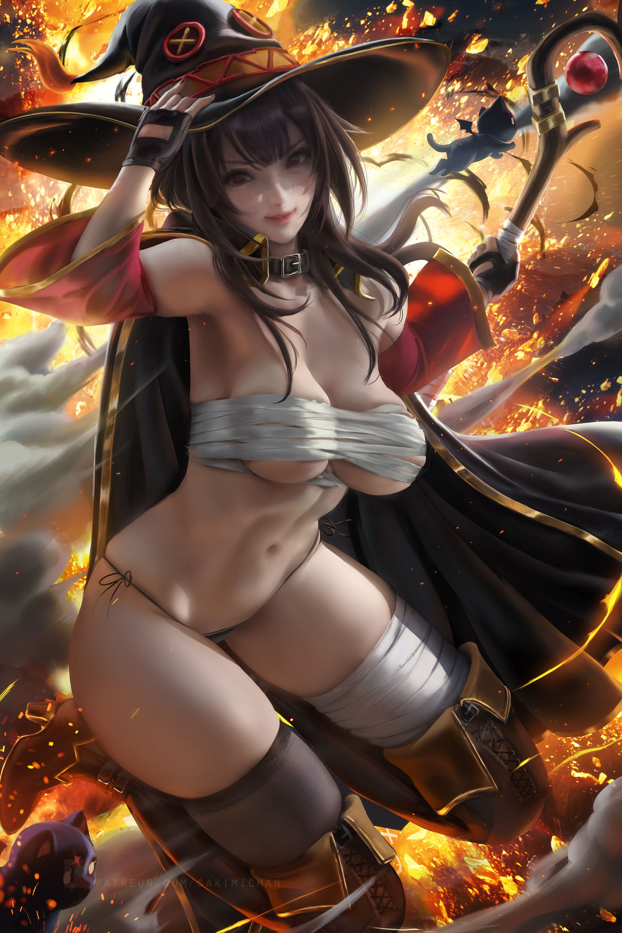 1girls, breasts, curvy, female, female only, hat, hourglass figure, kono subarashii sekai ni shukufuku wo!, large breasts, looking at viewer, megumin, navel, realistic, sakimichan, smirk, solo