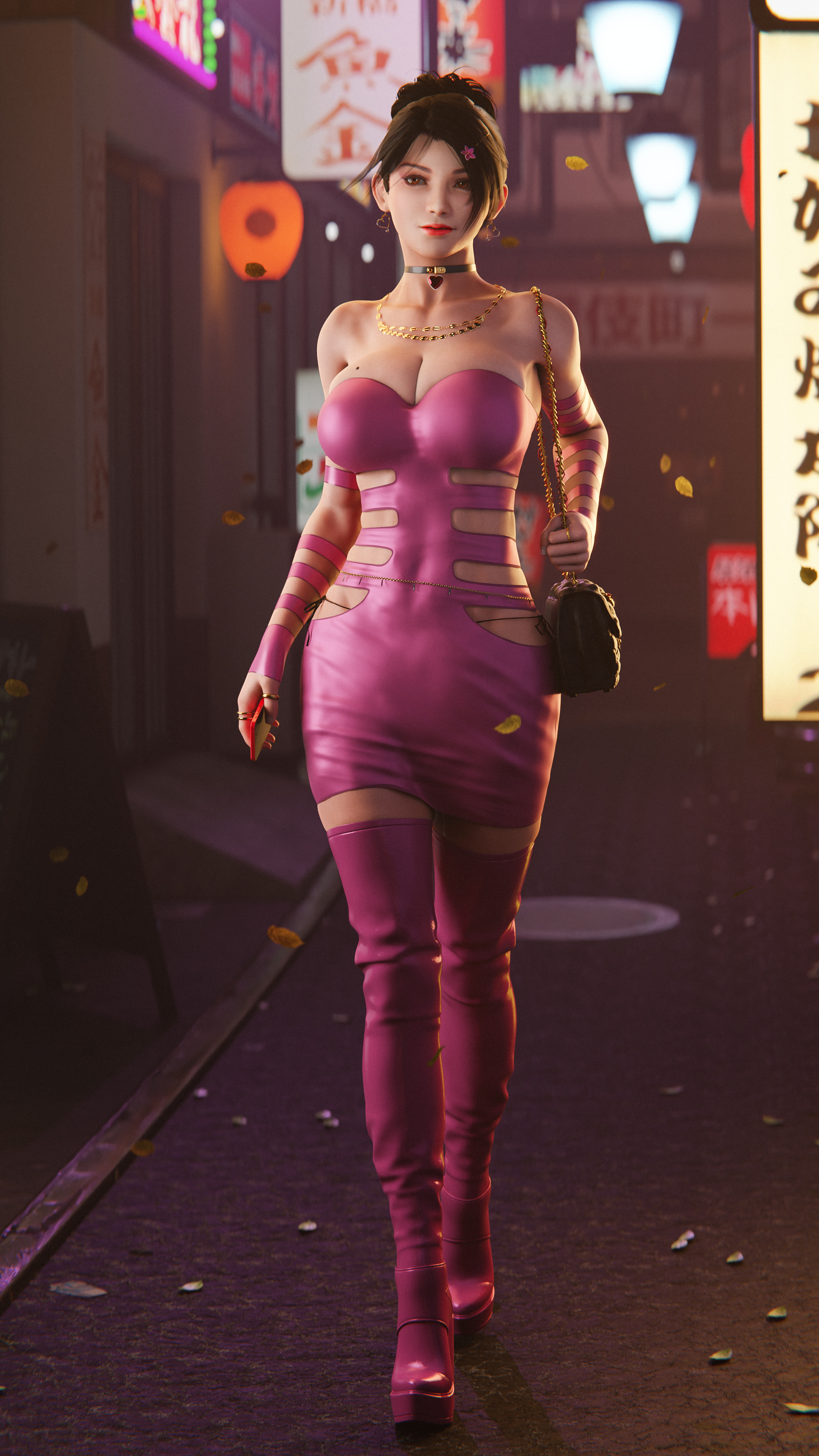 1girls, 3d, blender, boots, choker, dark hair, dead or alive, dress, female, high heel boots, high heels, highres, makeup, momiji (ninja gaiden), ninja gaiden, oscillator, phone, platform heels, purse, tight clothing
