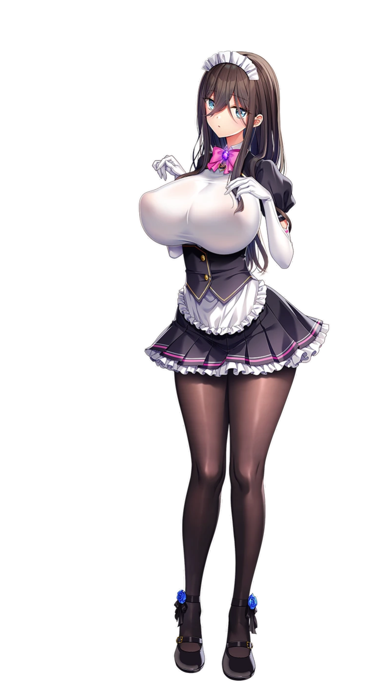 1girls anastasia_mysterante big_breasts blue_eyes breasts brown_hair derauea female full_body hair_between_eyes huge_breasts large_breasts long_hair looking_at_viewer maid maid_headdress maid_outfit maid_uniform milk_factory motto!_haramase!_honoo_no_oppai_isekai_oppai_meido_gakuen! nipple_bulge official_art oppai pantyhose png solo thin_waist transparent_background