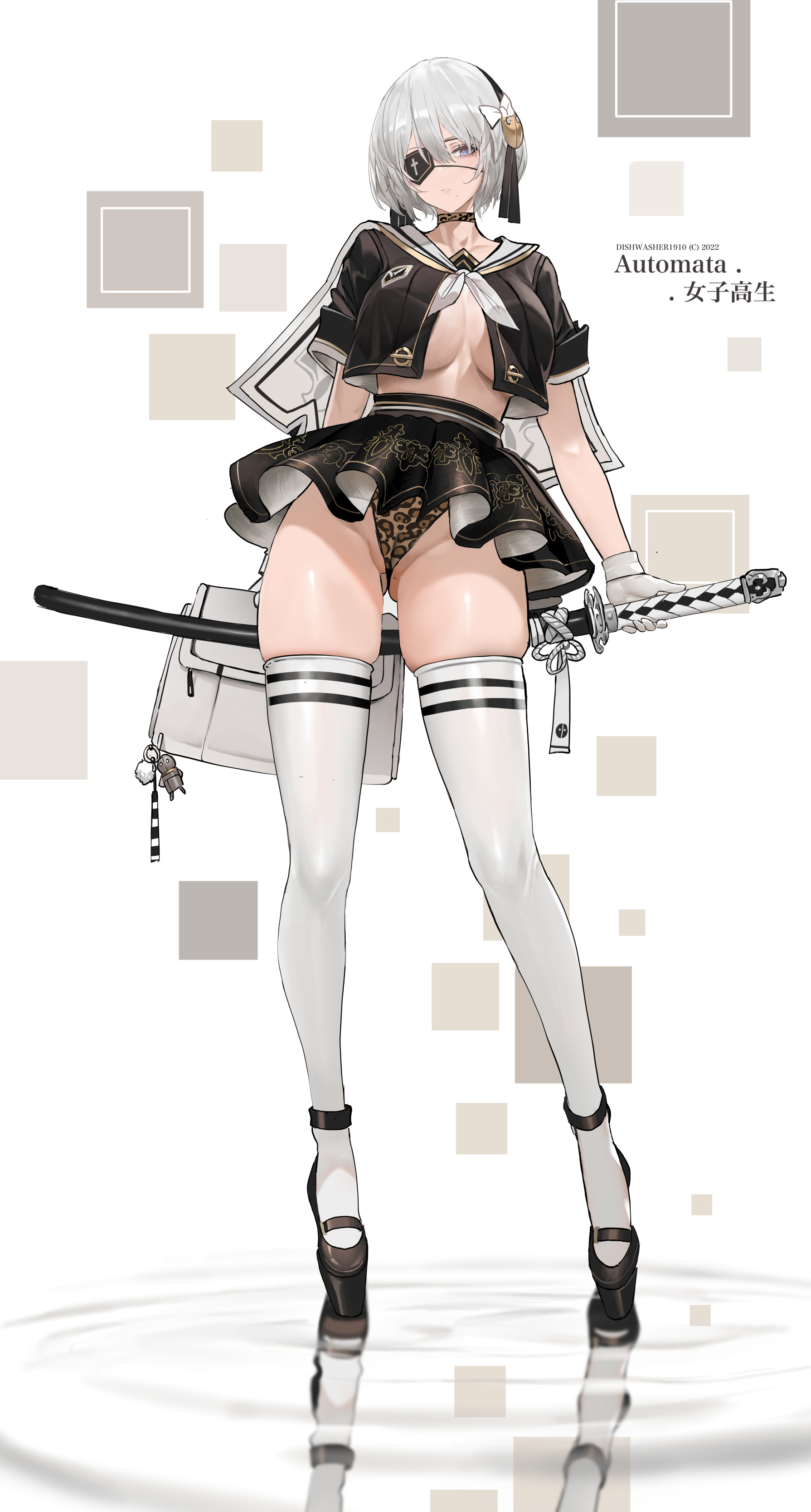 cheetah print, dishwasher1910, eyepatch, female, nier: automata, school uniform, skimpy clothes, socks, sword, thigh socks, thighhighs, white socks, yorha 2b