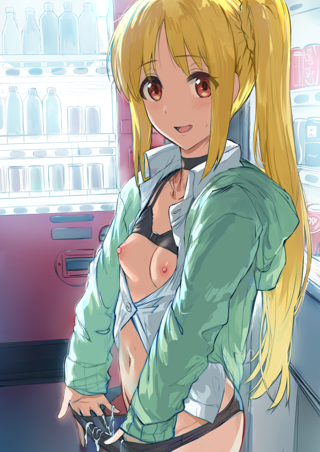 1girls areolae blonde_hair blush bocchi_the_rock! bra breasts cum cum_on_panties eye_contact female female_only hews_hack ijichi_nijika looking_at_viewer nipples orange_eyes panties ponytail sideboob small_breasts solo standing