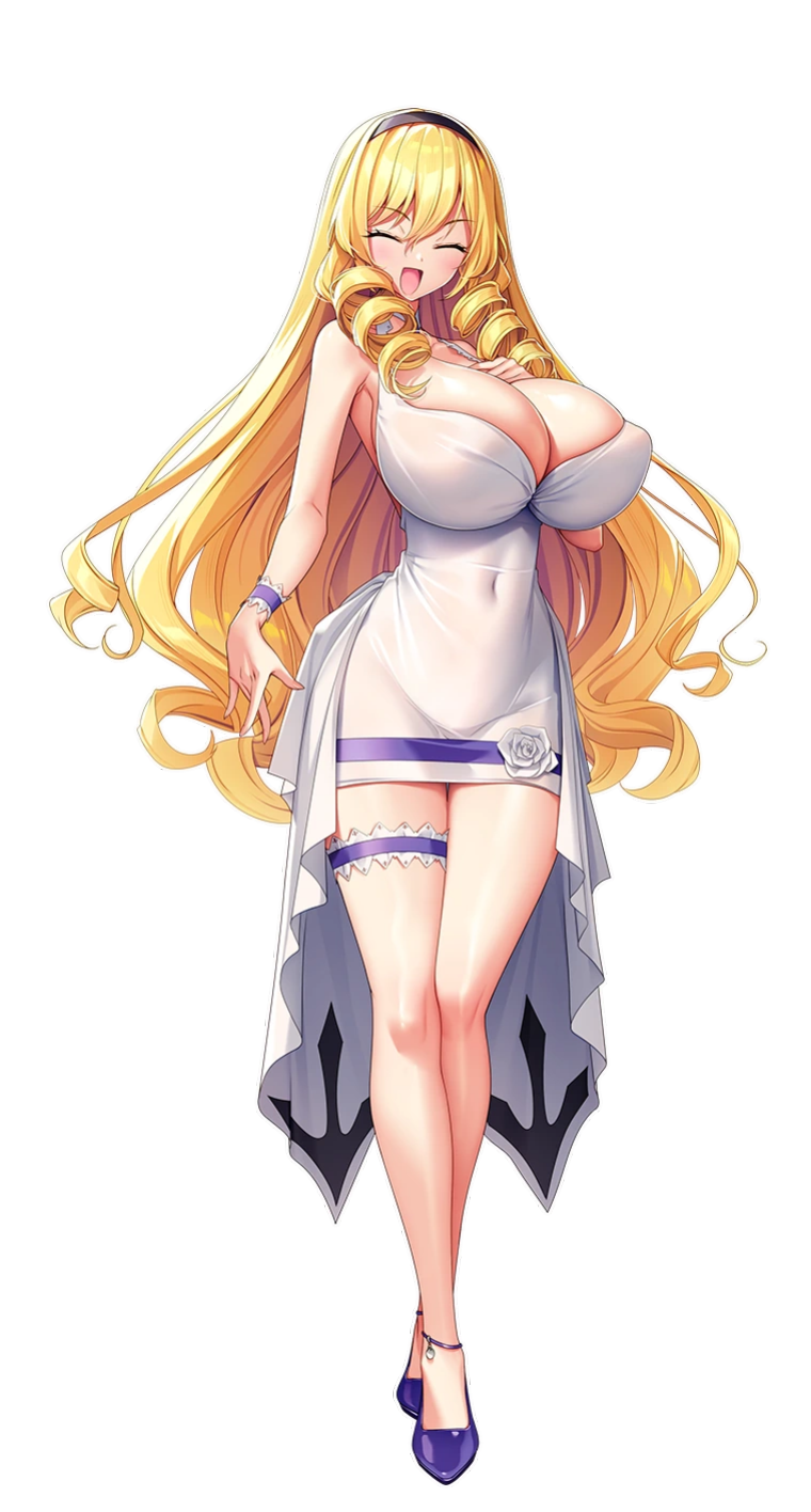 1girls big_breasts blonde_female blonde_hair blonde_hair breasts closed_eyes curly_hair derauea dress female female_only full_body hair_between_eyes huge_breasts large_breasts long_hair makina_le_blanchette milk_factory motto!_haramase!_honoo_no_oppai_isekai_oppai_meido_gakuen! navel navel_visible_through_clothes nipple_bulge official_art skin_tight smile solo thigh_strap thin_waist tight_clothing tight_dress transparent_background yellow_hair