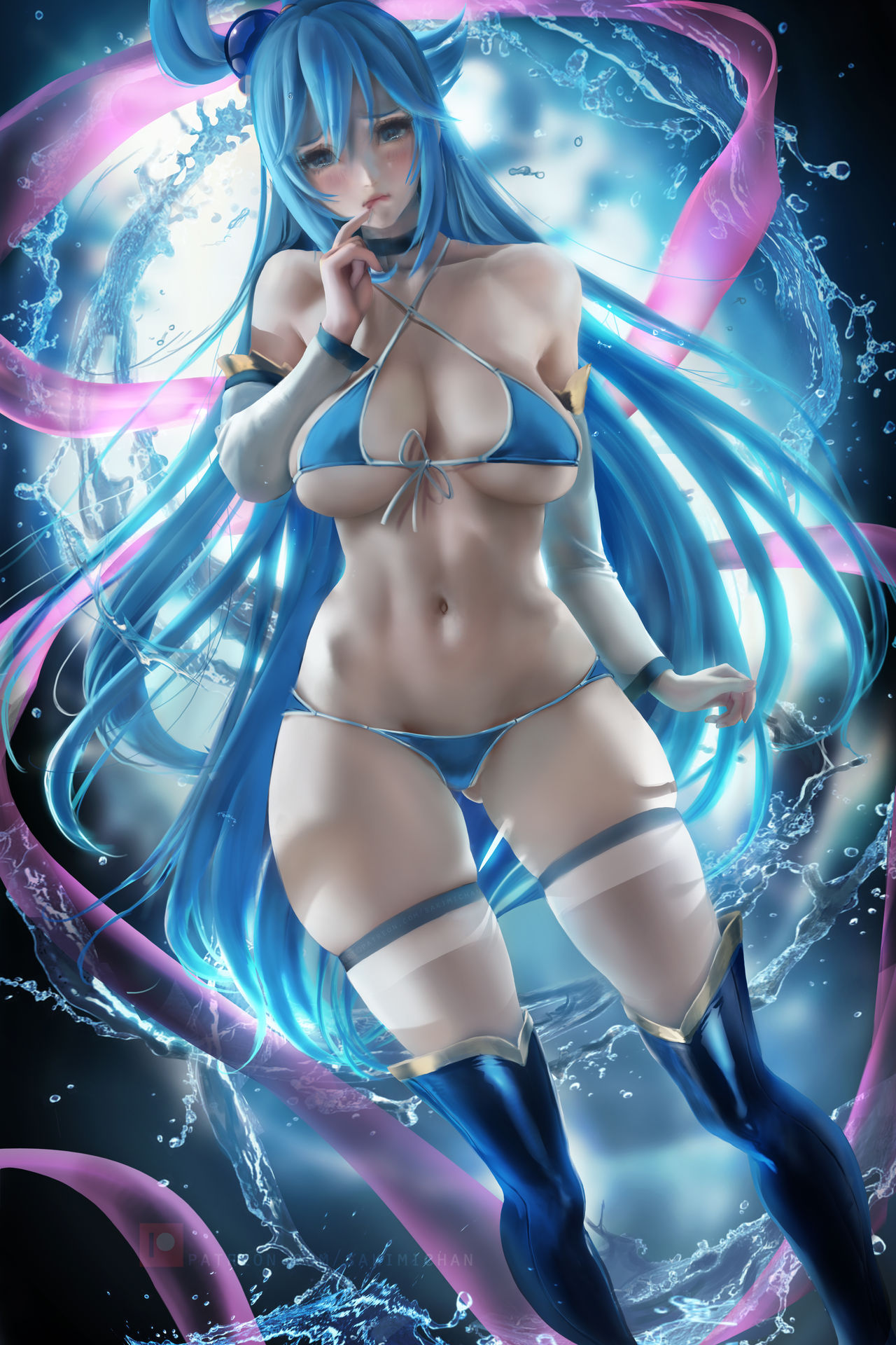 1girls, aqua (konosuba), big breasts, blue hair, boots, breasts, cleavage, female, female only, heel boots, high heel boots, kono subarashii sekai ni shukufuku wo!, large breasts, sakimichan, solo, thigh boots, thighhigh boots, thighhighs