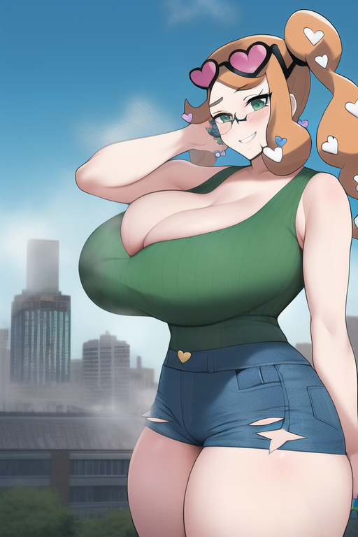 1girls ai_generated arms_up bare_arms bare_legs bare_shoulders bare_thighs blue_shorts blush breasts cleavage cleavage_overflow curvaceous curves curvy curvy_female curvy_hips deep_cleavage denim denim_clothing denim_shorts dynamax female_only game_freak giant giantess gigantic_breasts gigantic_thighs glasses glasses_on_head green_eyes green_tank_top hair_ornament heart_glasses heart_hair_ornament hourglass_expansion hourglass_figure huge_breasts huge_thighs large_breasts large_thighs long_hair looking_at_viewer looking_pleasured massive_breasts massive_thighs nai_diffusion nintendo orange_hair pokemon pokemon_ss ponytail ribbed_shirt seducing seduction seductive seductive_eyes seductive_gaze seductive_look seductive_mouth seductive_pose seductive_smile short_shorts shorts size_difference smile solo solo_female sonia_(pokemon) stable_diffusion steam steaming_body sweat sweatdrop sweating sweaty sweaty_body sweaty_breasts tank_top thick_thighs thighs top_heavy top_heavy_breasts voluptuous wide_hips