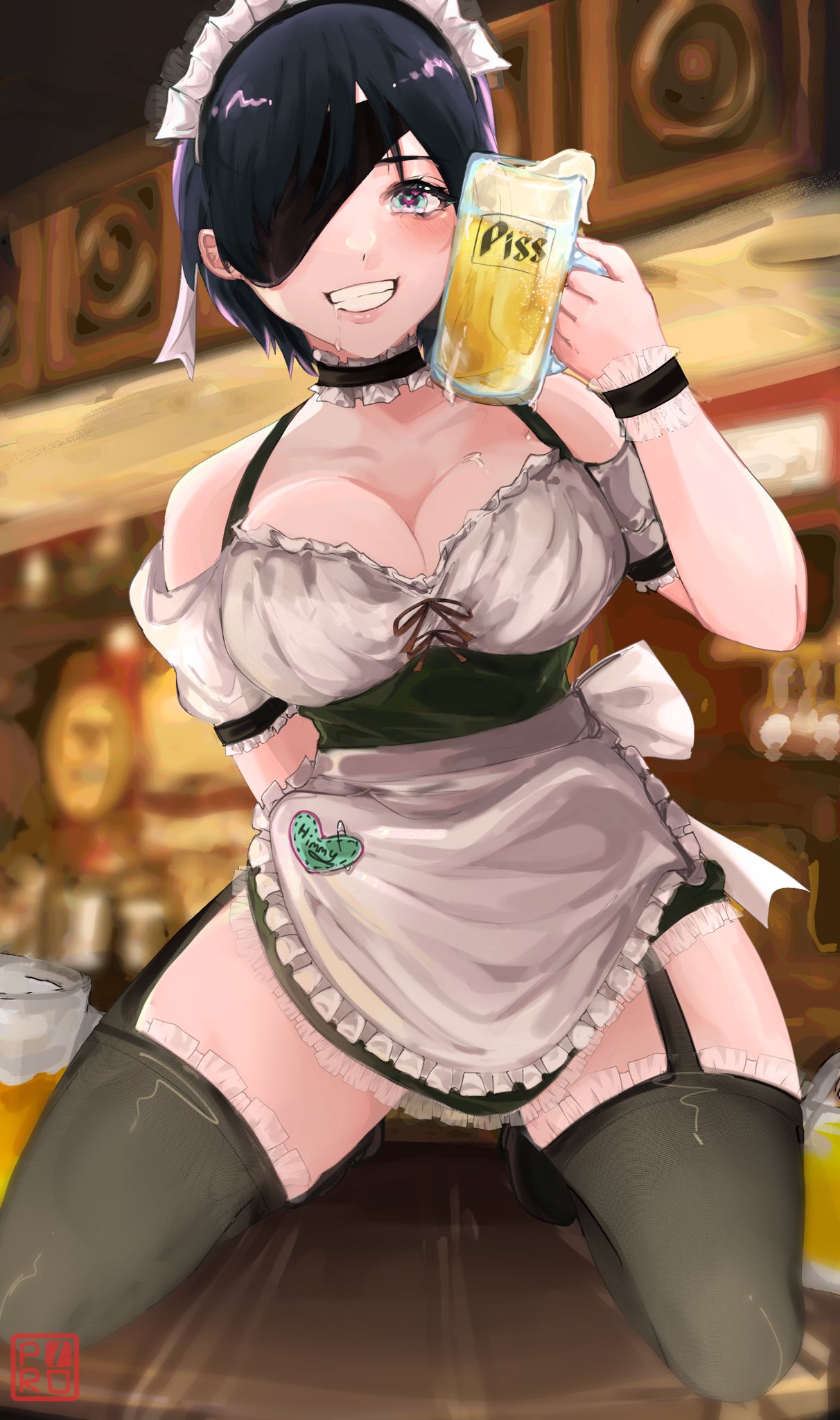 beer, beer mug, big breasts, breasts, chainsaw man, cleavage, drunk, eyepatch, female, female only, garter straps, himeno (chainsaw man), light skin, light-skinned female, maid, maid headdress, maid uniform, piropoi, stockings, thick thighs, thighhighs