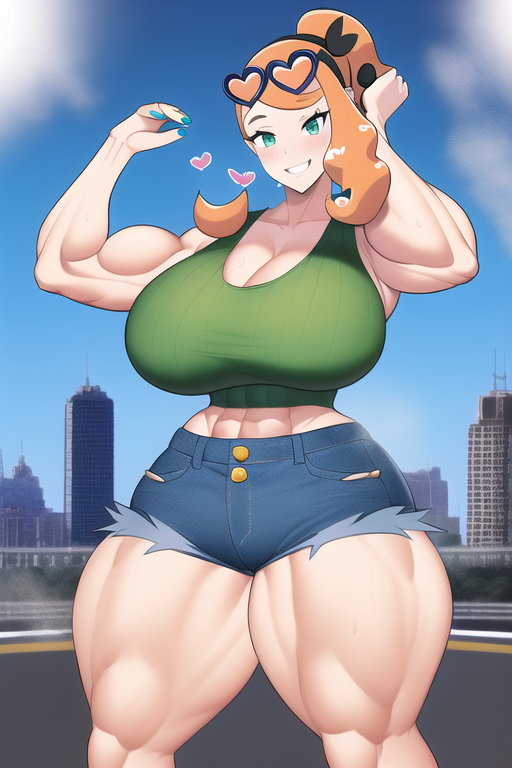 1girls ai_generated armpits arms_up bare_legs bare_midriff bare_shoulders bare_thighs blue_shorts blush breasts city city_background cityscape crop_top curvaceous curves curvy curvy_female curvy_figure curvy_hips day denim denim_clothing denim_shorts dynamax eyewear eyewear_on_head female_only game_freak giant giantess gigantic_breasts gigantic_thighs glasses glasses_on_head green_crop_top green_eyes green_tank_top grin hair_ornament heart_glasses heart_hair_ornament hourglass_expansion hourglass_figure huge_breasts huge_thighs large_breasts large_thighs long_hair looking_at_viewer macro massive_breasts massive_thighs midriff midriff_baring_shirt nai_diffusion nintendo orange_hair pokemon pokemon_ss ponytail ribbed_shirt short_shorts shorts smile smiling_at_viewer solo solo_female sonia_(pokemon) stable_diffusion sweat sweating sweaty sweaty_body sweaty_breasts tank_top teeth teeth_showing teeth_visible thick_thighs thighs top_heavy top_heavy_breasts voluptuous voluptuous_female