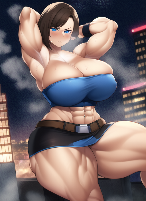 1girls abs ai_generated angry armpits arms_up bare_arms bare_legs bare_midriff bare_shoulders bare_thighs biceps black_skirt blue_eyes blue_tube_top blue_tubetop blush bracelet breast_expansion breasts broad_shoulders brown_hair capcom city city_background cityscape curvaceous curves curvy curvy_body curvy_female curvy_figure curvy_hips giant giantess gigantic_breasts gigantic_thighs hourglass_expansion hourglass_figure huge_breasts huge_thighs jill_valentine large_breasts large_thighs looking_at_viewer macro massive_breasts massive_thighs midriff midriff_baring_shirt miniskirt muscle muscle_growth muscle_tone muscles muscular muscular_arms muscular_female muscular_legs muscular_thighs nai_diffusion night resident_evil resident_evil_3 short_hair short_skirt sideboob sitting size_difference skirt stable_diffusion steam steaming_body strapless sweat sweatdrop sweating sweaty sweaty_body sweaty_breasts thick_arms thick_thighs thighs toned toned_female toned_stomach tube_top tubetop venus_body voluptuous voluptuous_female wide_hips