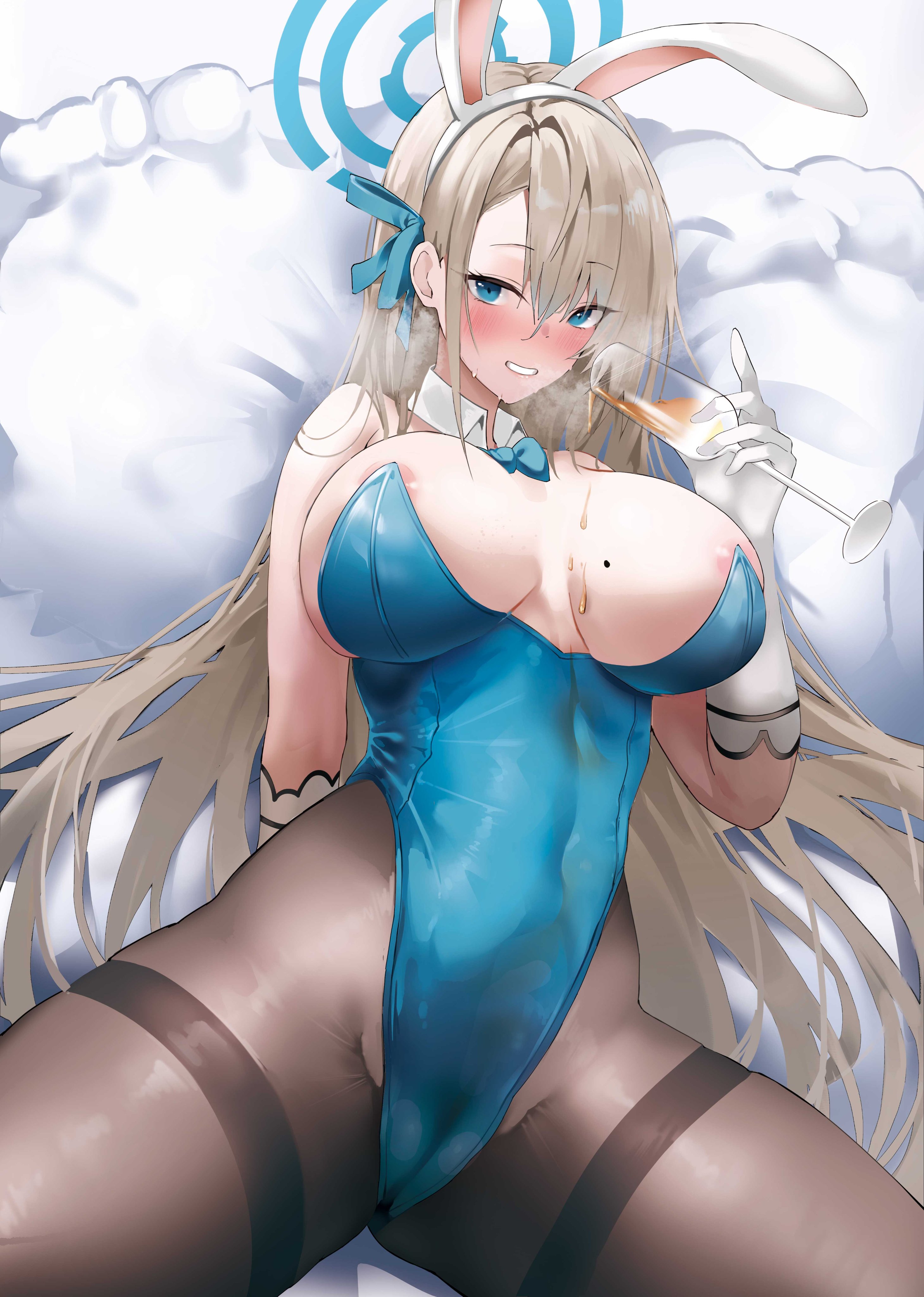 1girls, 2022, absurdres, alternate version at source, animal ears, areola slip, asuna (blue archive), asuna (bunny) (blue archive), bangs, blue archive, blue bow, blue bowtie, blue eyes, blue leotard, bow, bowtie, breasts, bunny ears, cameltoe, cup, detached collar, drinking glass, fake animal ears, female, gloves, hair over one eye, halo, highleg, highleg leotard, highres, holding, holding cup, large breasts, leotard, light brown hair, light skin, light-skinned female, long hair, lying, mole, mole on breast, nevin (flyskying), official alternate costume, pantyhose, playboy bunny, pussy, solo, strapless, strapless leotard, swept bangs, thighband pantyhose, traditional bowtie, very long hair, white gloves