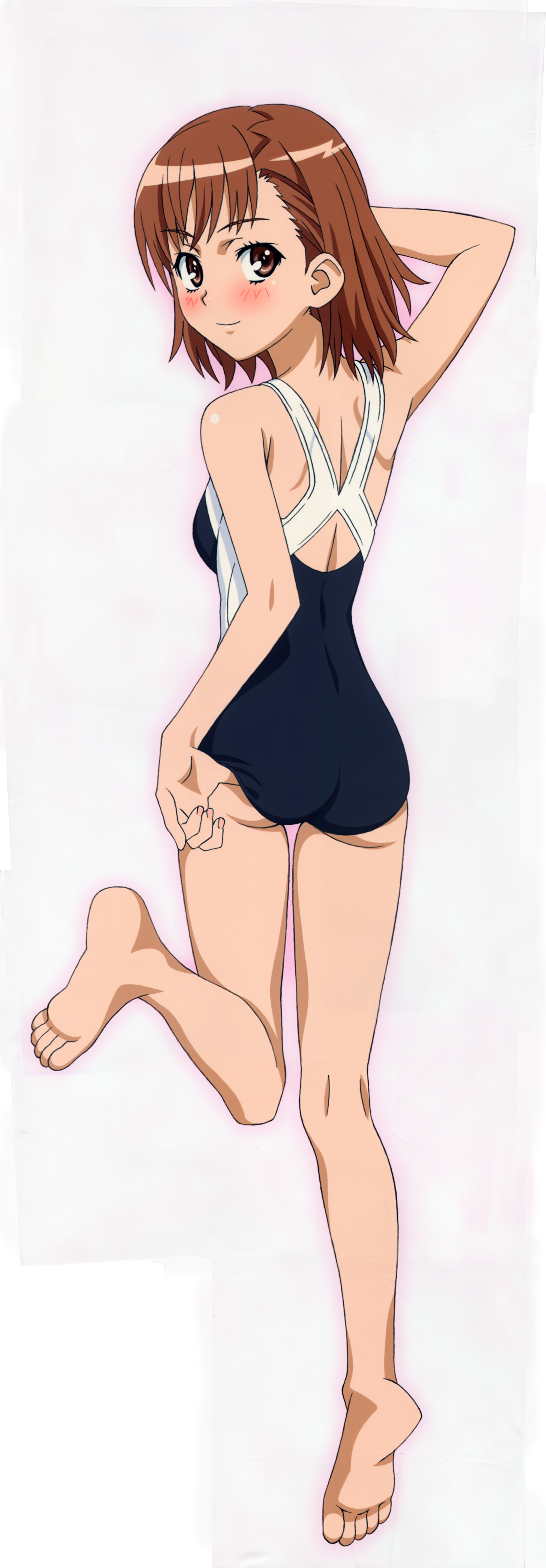 1girls, absurd res, adjusting clothes, adjusting swimsuit, ass, bare legs, bare shoulders, barefoot, blush, breasts, brown eyes, brown hair, brunette, competition swimsuit, dakimakura, feet, female, full body, hara shuuichi, hi res, kneepits, long image, looking at viewer, looking back, lying, matching hair/eyes, misaka mikoto, official art, on stomach, one-piece swimsuit, school swimsuit, short hair, shoulder blades, sideboob, small breasts, soles, solo, swimsuit, tall image, teenage female, teenager, to aru kagaku no railgun, to aru majutsu no index, toes, tokiwadai school swimsuit, young
