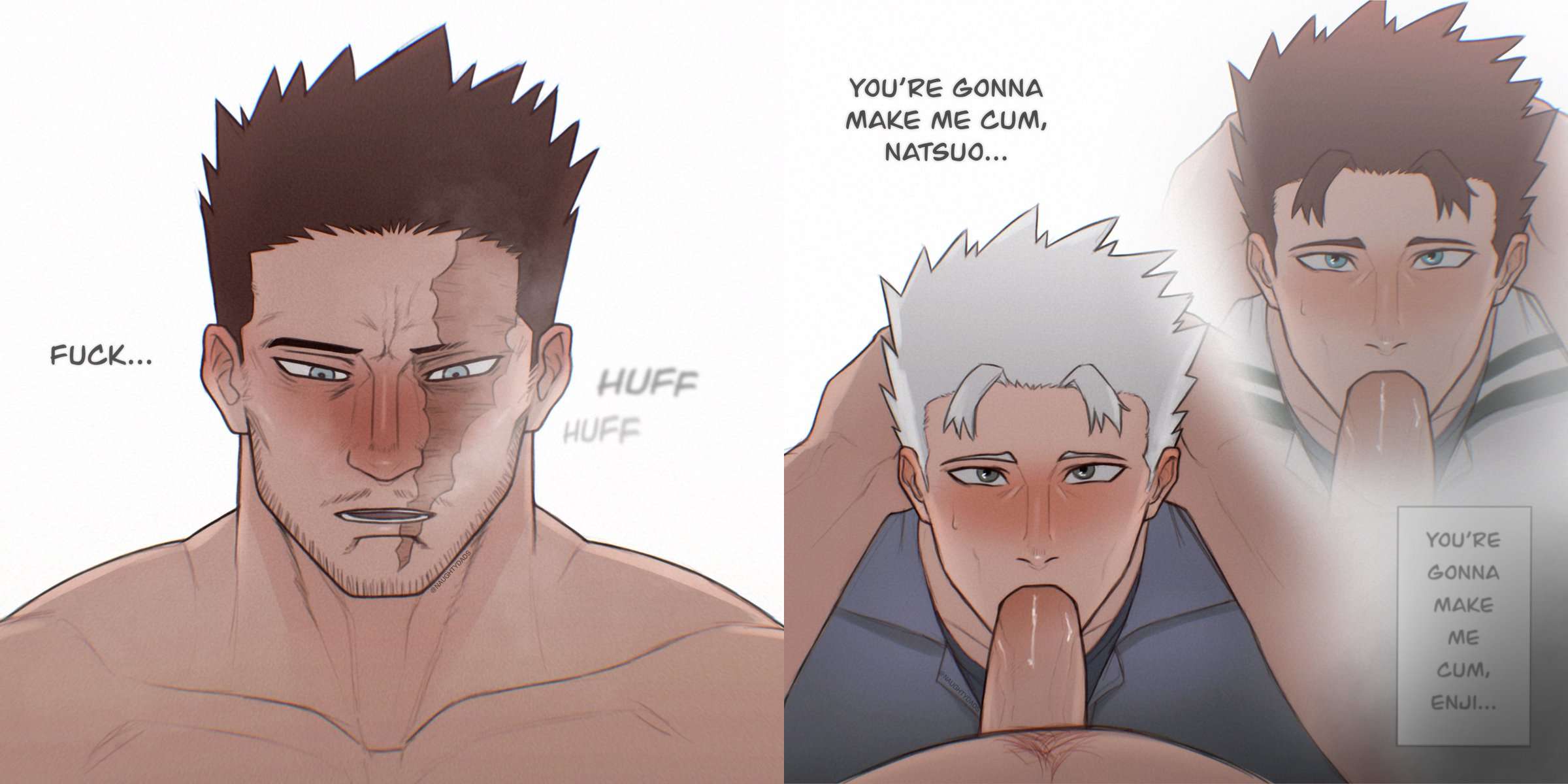 age difference, bara, big penis, blowjob, blowjob only, blue eyes, blush, boner, endeavor (my hero academia), enji todoroki, erection, face closeup, father and son, flashback, gay, head grab, incest, male, male only, muscular, muscular male, my hero academia, natsuo todoroki, naughtydads, nude, open mouth, penis, red hair, scar, sucking penis, todoroki enji, todoroki natsuo, white hair, yaoi, younger male