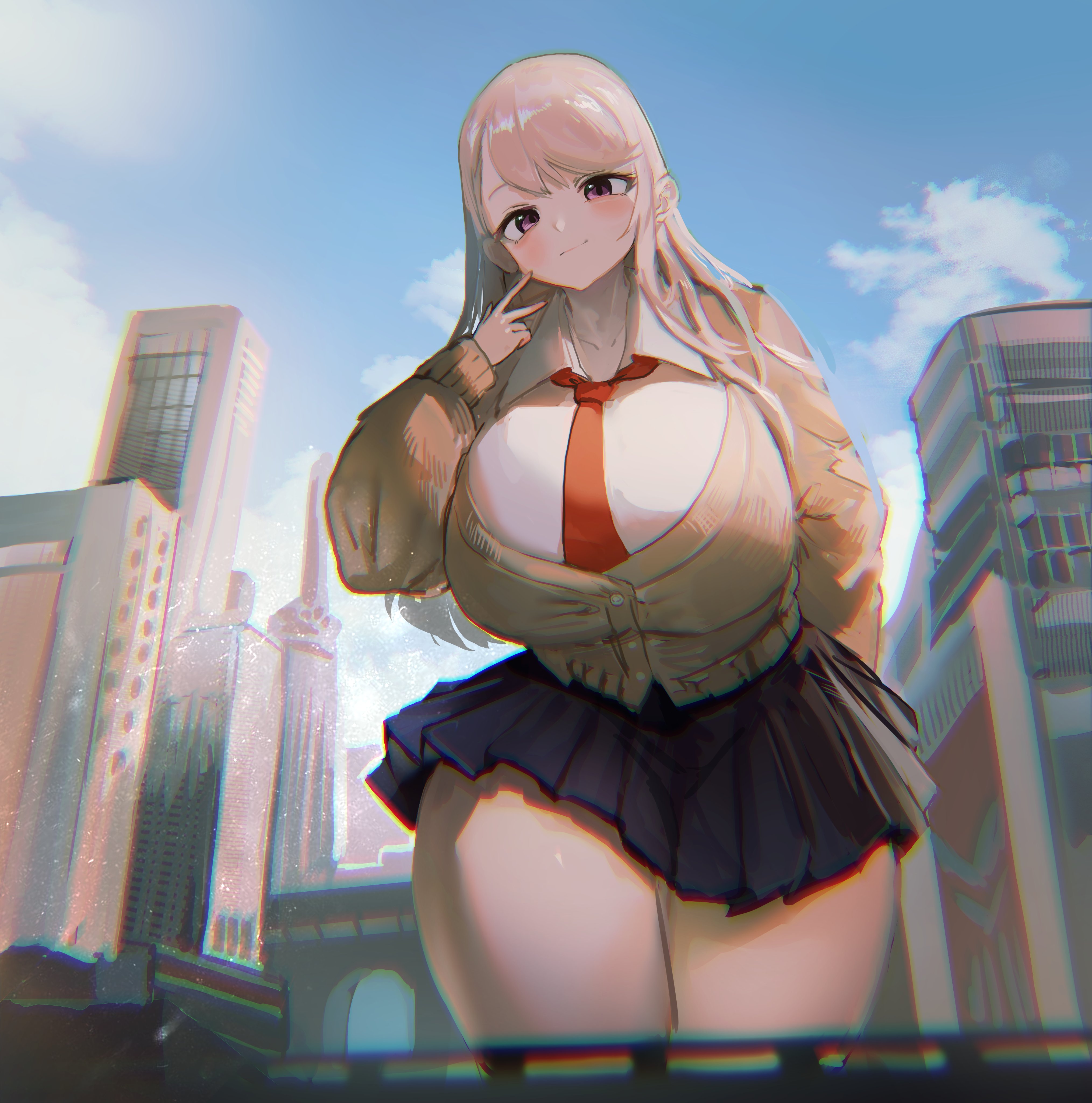 big breasts, blonde hair, breasts, chieri oomine (chieri's love is 8 meters), chieri's love is 8 meters, female, giantess, growth, large breasts, larger female, macro, macro female, macrophilia, school uniform, thick thighs, utterangle