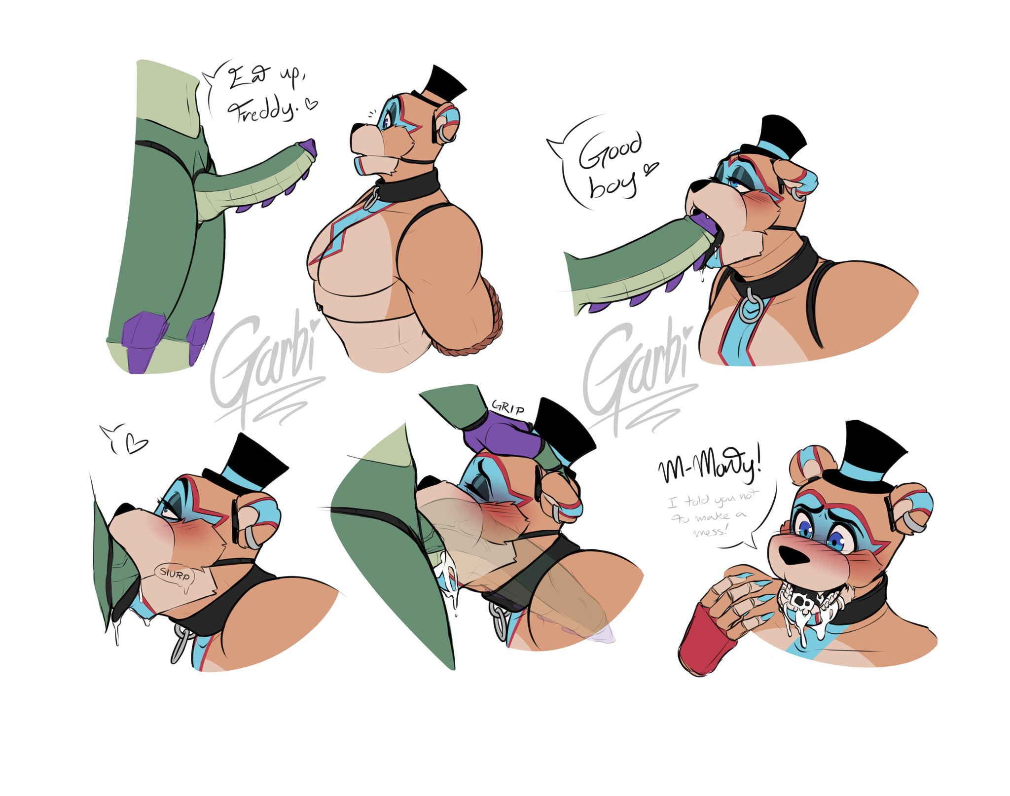 2boys, alligator, animatronic, anthro, anthro on anthro, balls, bear, big penis, blowjob, blue eyes, blush, boner, claws, crocodilian, cum, cum in face, cum in mouth, digital media (artwork), ear piercing, ejaculation, english text, erection, five nights at freddy's, five nights at freddy's: security breach, garbi, gay, genital fluids, genitals, glamrock freddy (fnaf), green body, half-closed eyes, hat, humanoid, long penis, male, male only, male/male, mammal, montgomery gator (fnaf), multicolored body, muscular, muscular male, nude, open mouth, oral, orange body, orange fur, penis, reptile, robot, scottgames, steel wool studios, text, two-tone body, video game character, video games